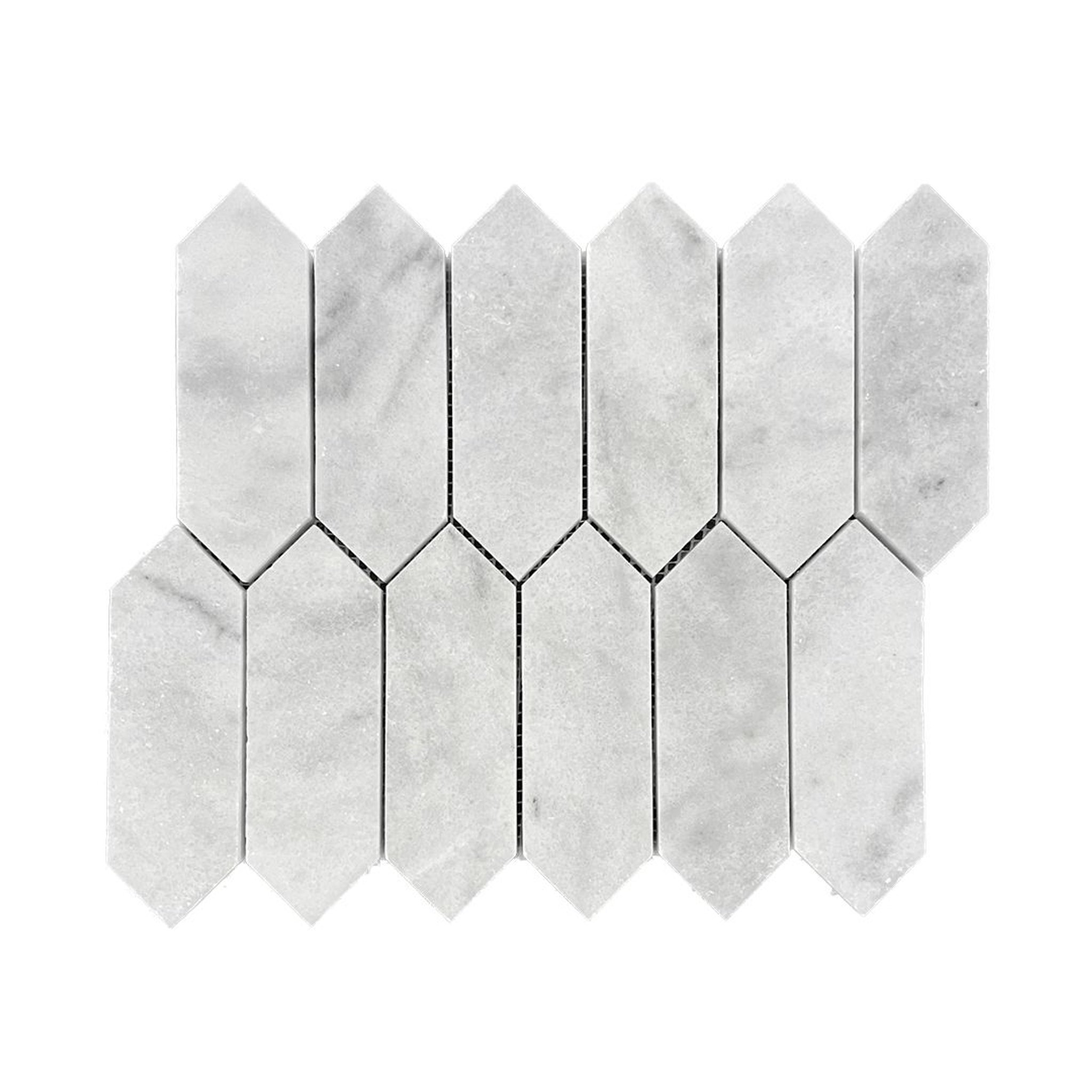 Honed Carrara White marble picket mosaic tile with dove-grey veining