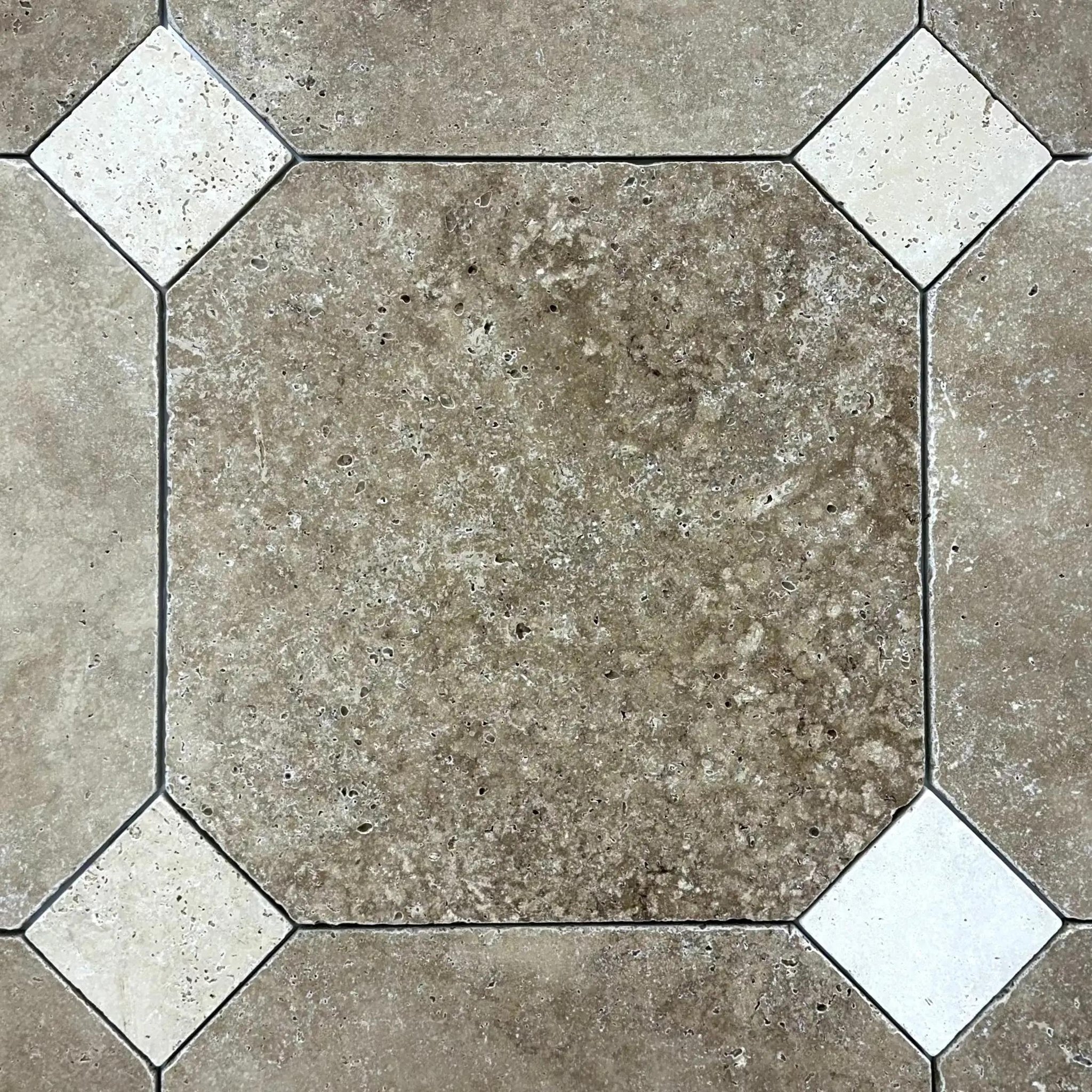 Tumbled Noche and Classic travertine octagon tile, walnut brown with cream cabochons