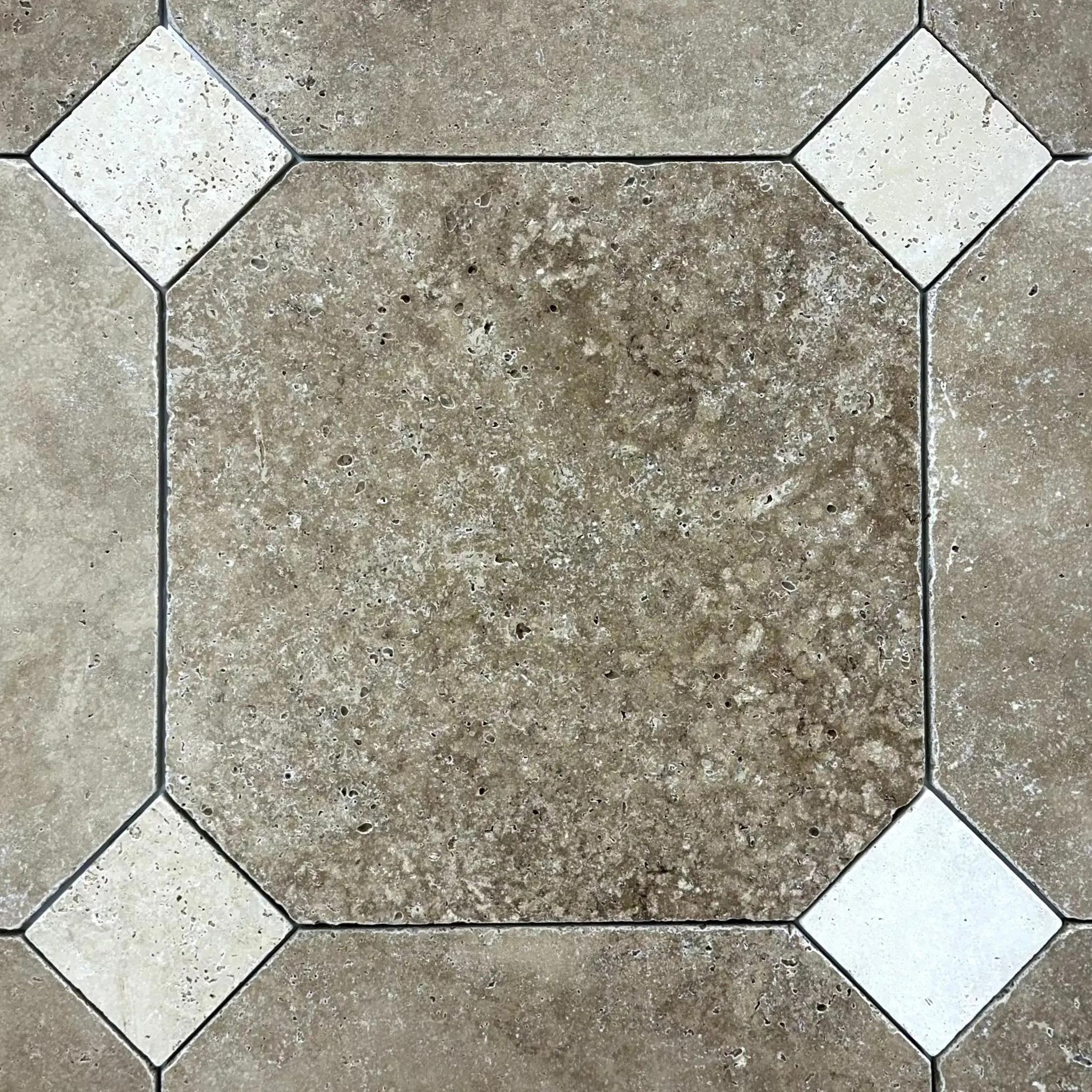Tumbled Noche and Classic travertine octagon tile, walnut brown with cream cabochons