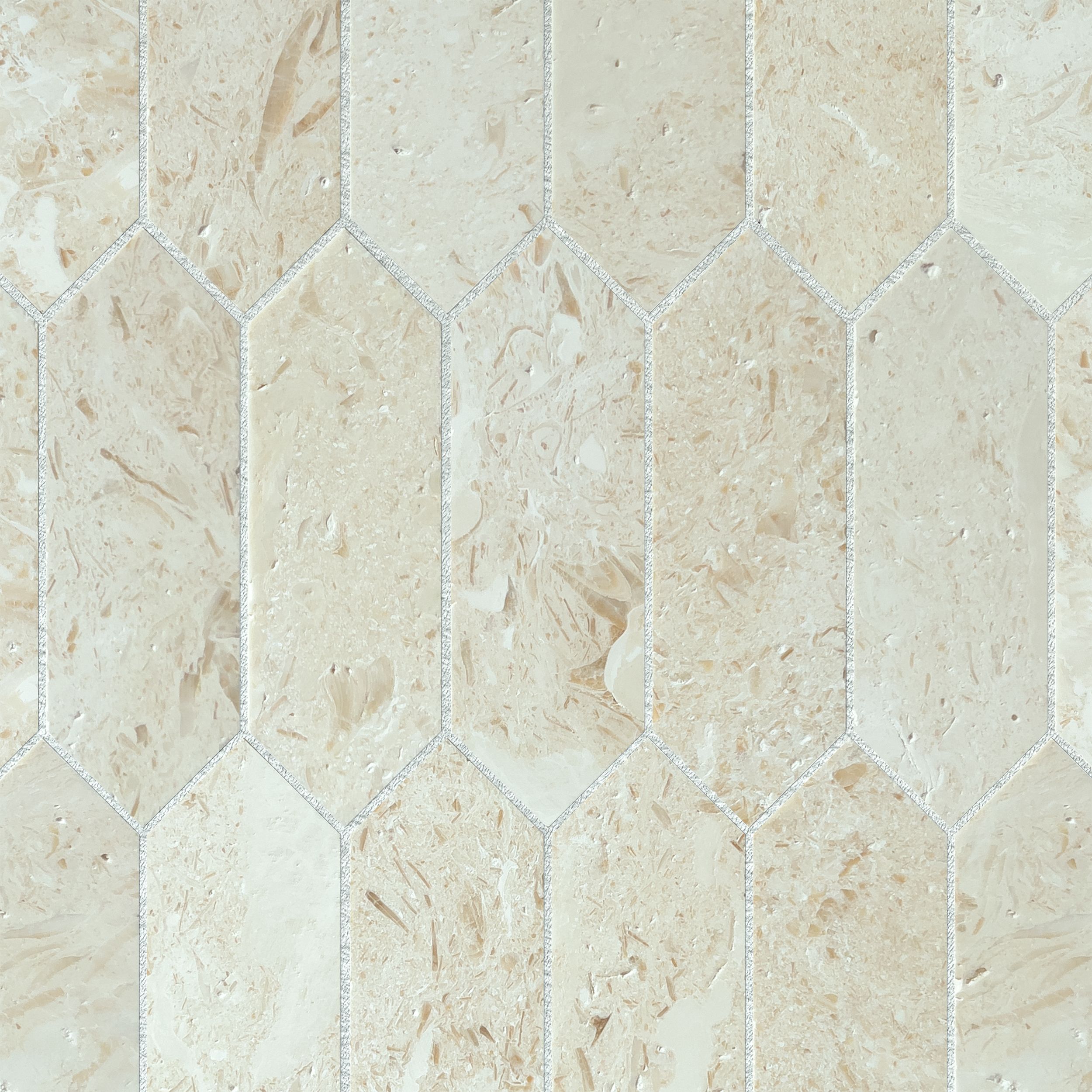 Brushed Shellstone limestone picket mosaic tile in biscuit, cream and taupe with fossils thumbnail 2