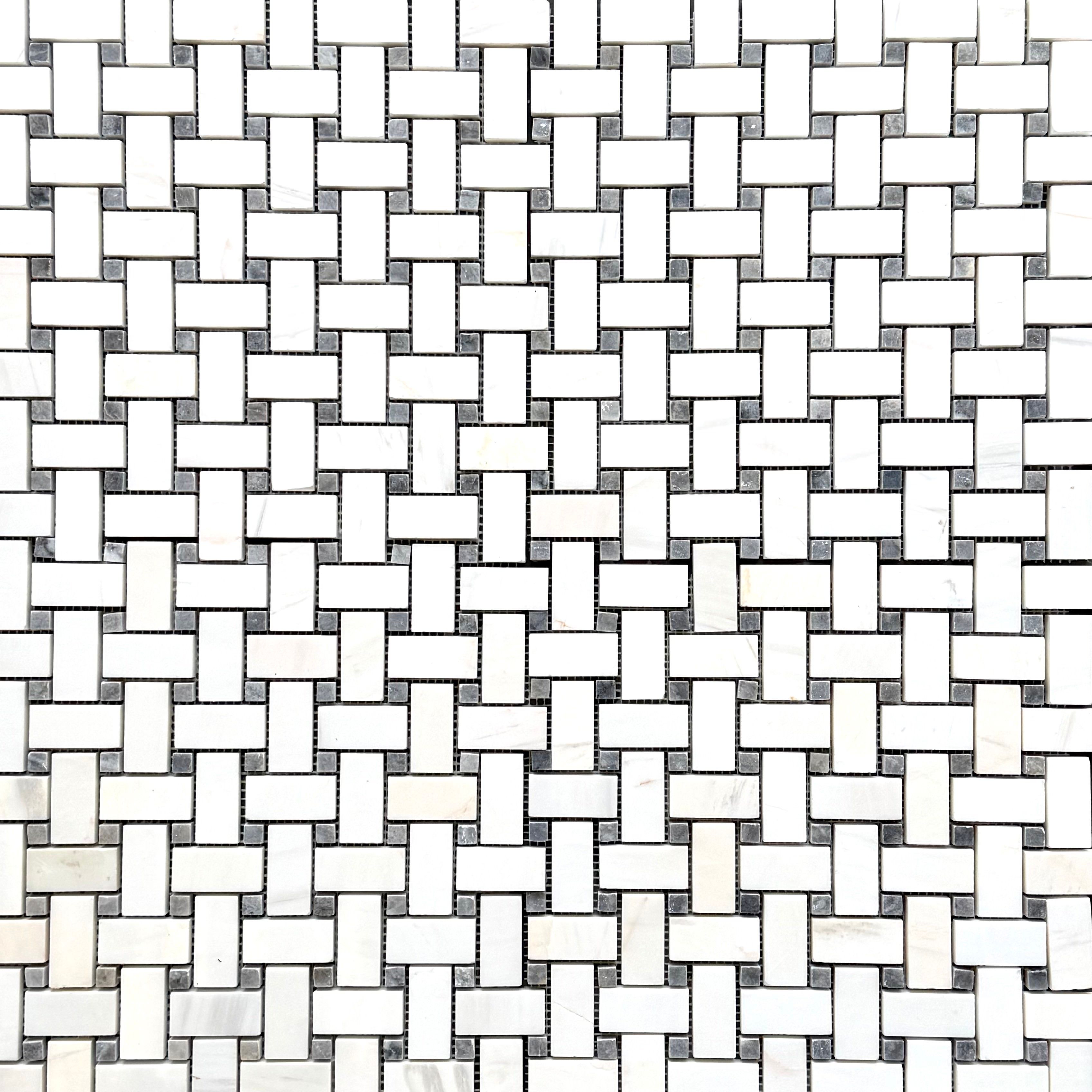 Polished dolomite and platinum grey marble basket-weave mosaic tile with grey accent dots thumbnail 2