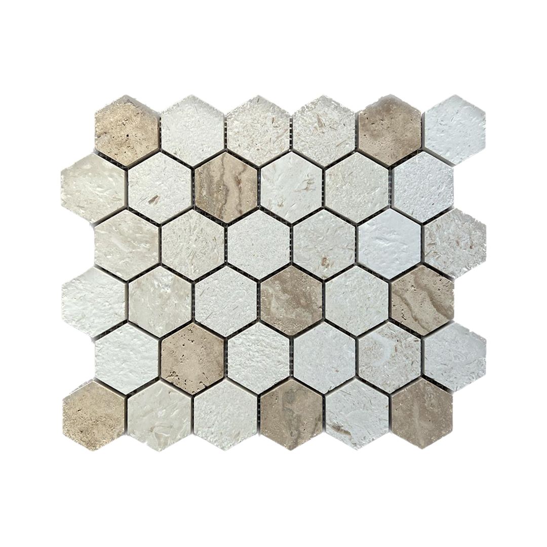 Brushed Shellstone and Valencia limestone hexagon mosaic tile in cream and warm taupe