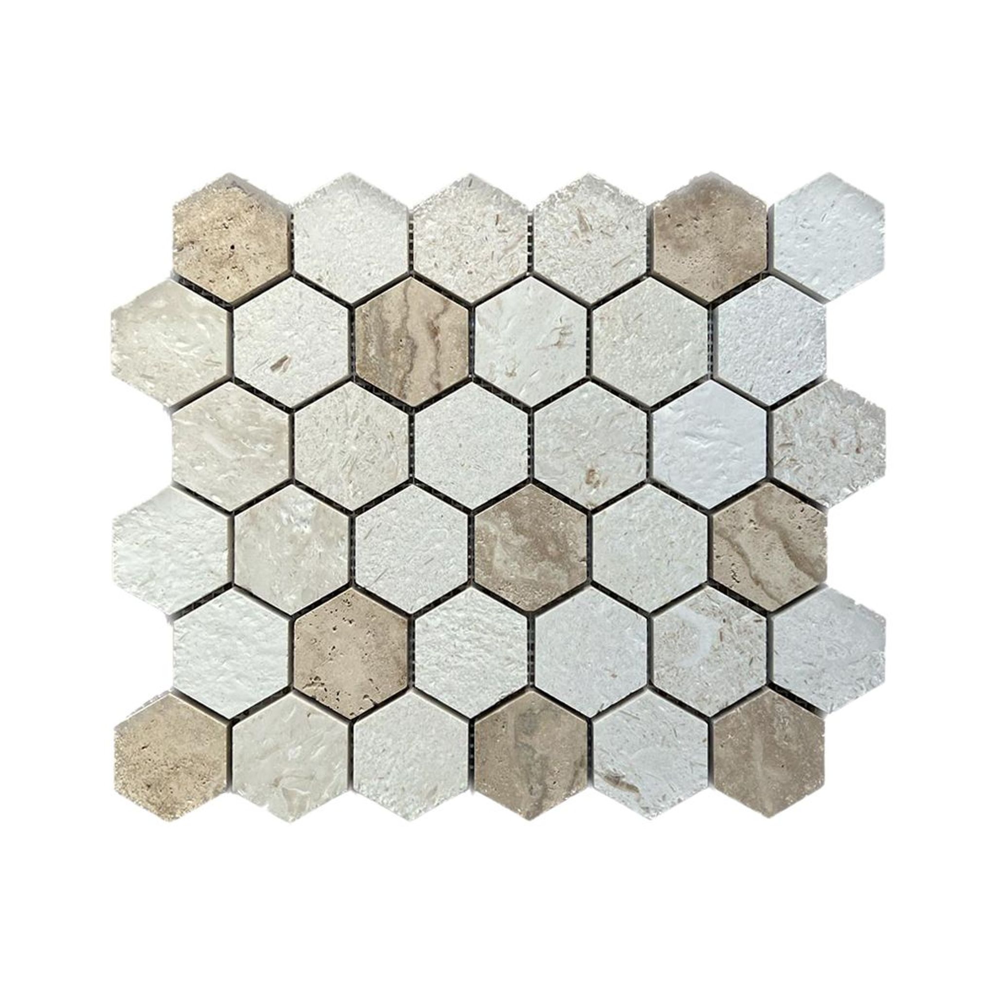 Brushed Shellstone and Valencia limestone hexagon mosaic tile in cream and warm taupe
