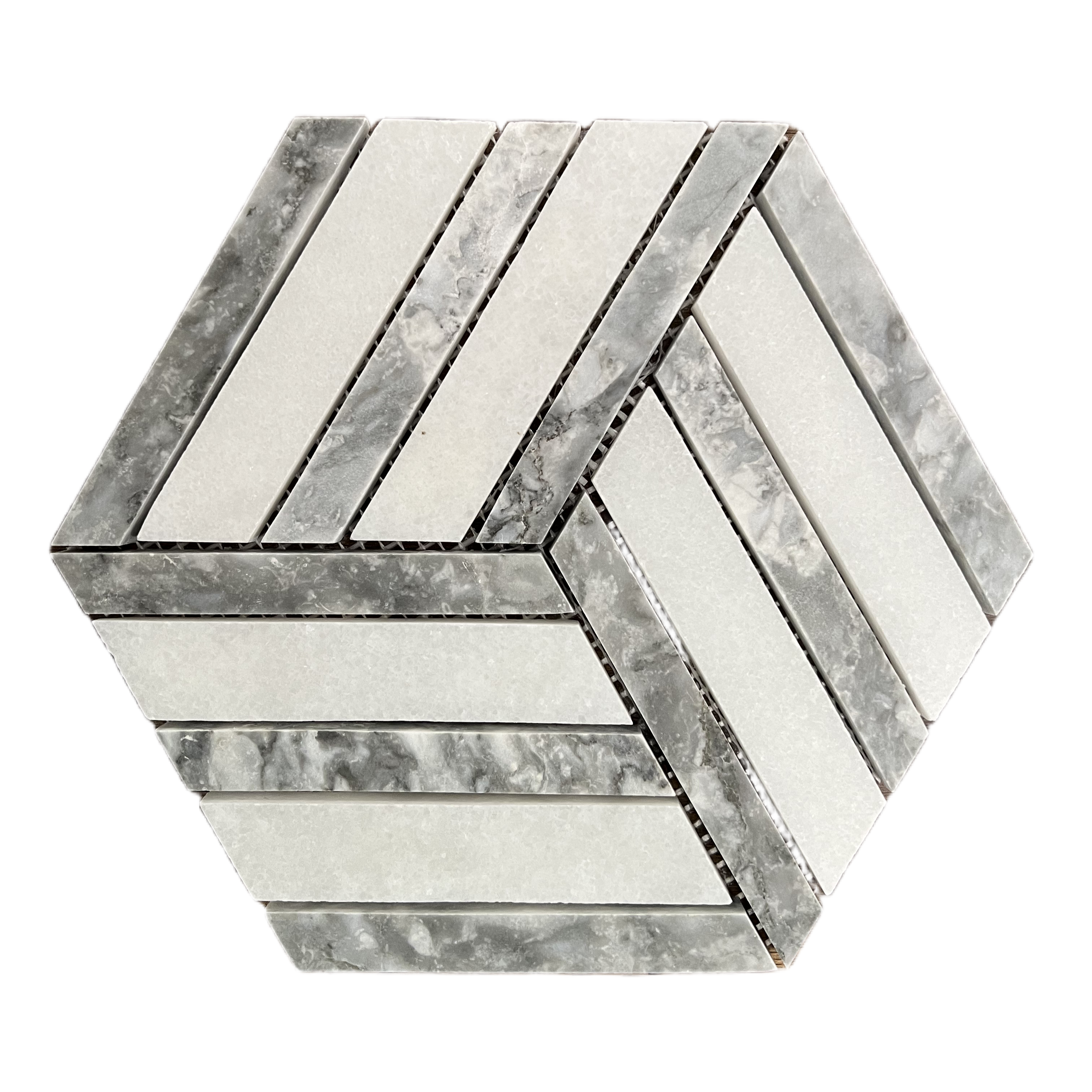 Honed Carrara white and platinum grey marble split hexagon mosaic tile with cubic illusion thumbnail 2