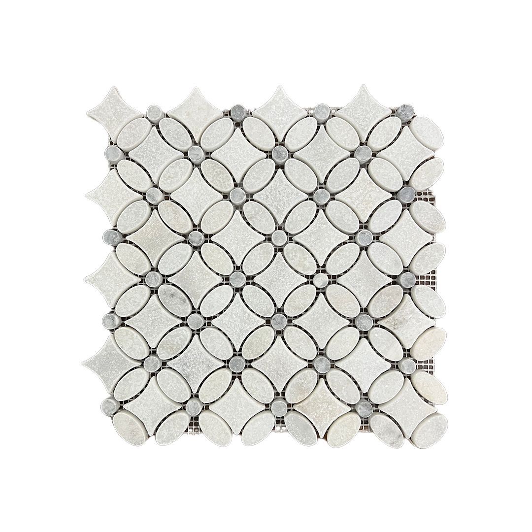 Tumbled Carrara white and platinum grey marble flower mosaic tile with grey cabochons thumbnail 2