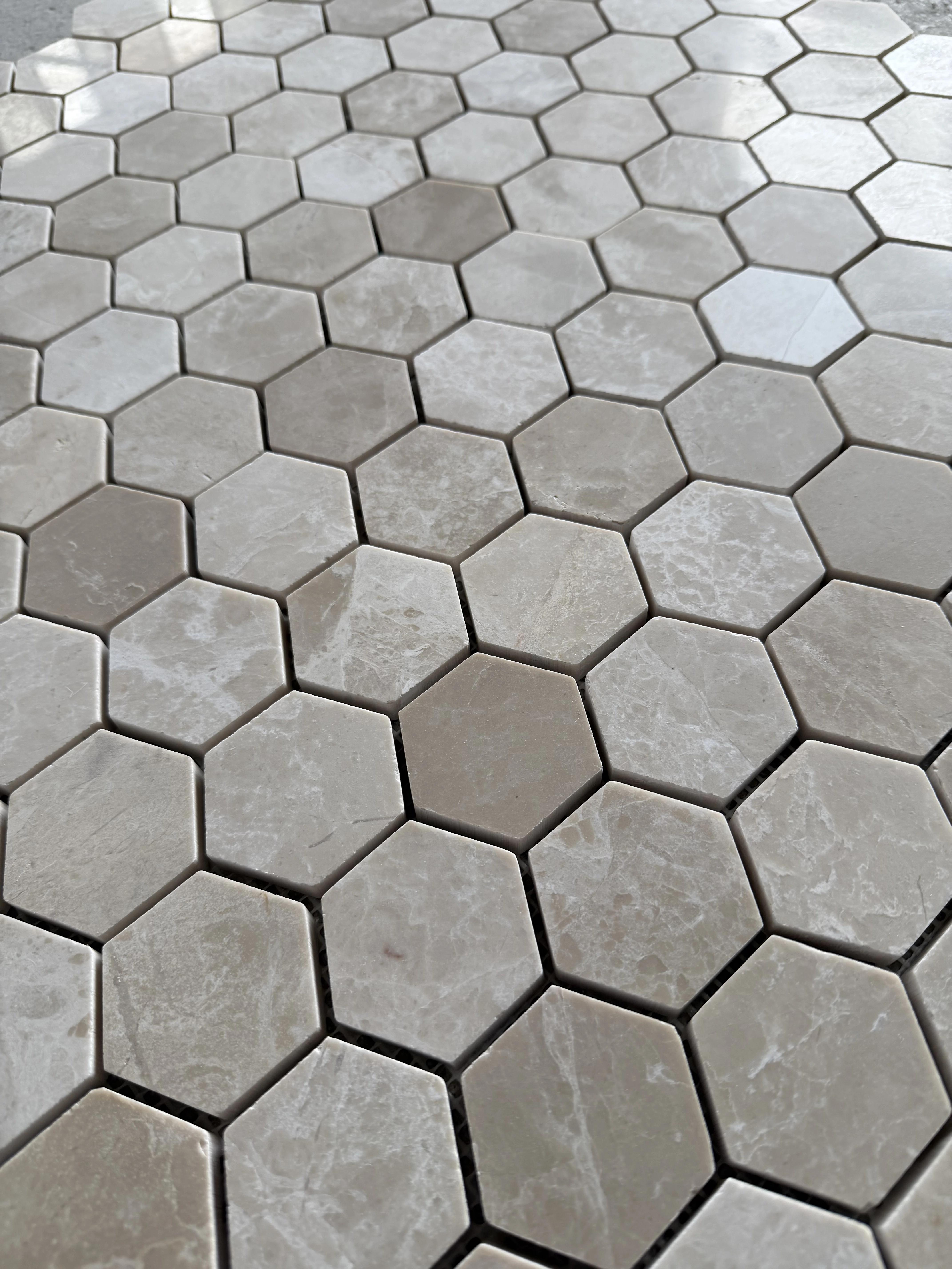 Polished Belgravia Beige marble hexagon mosaic tile in taupe, mushroom and oat thumbnail 3
