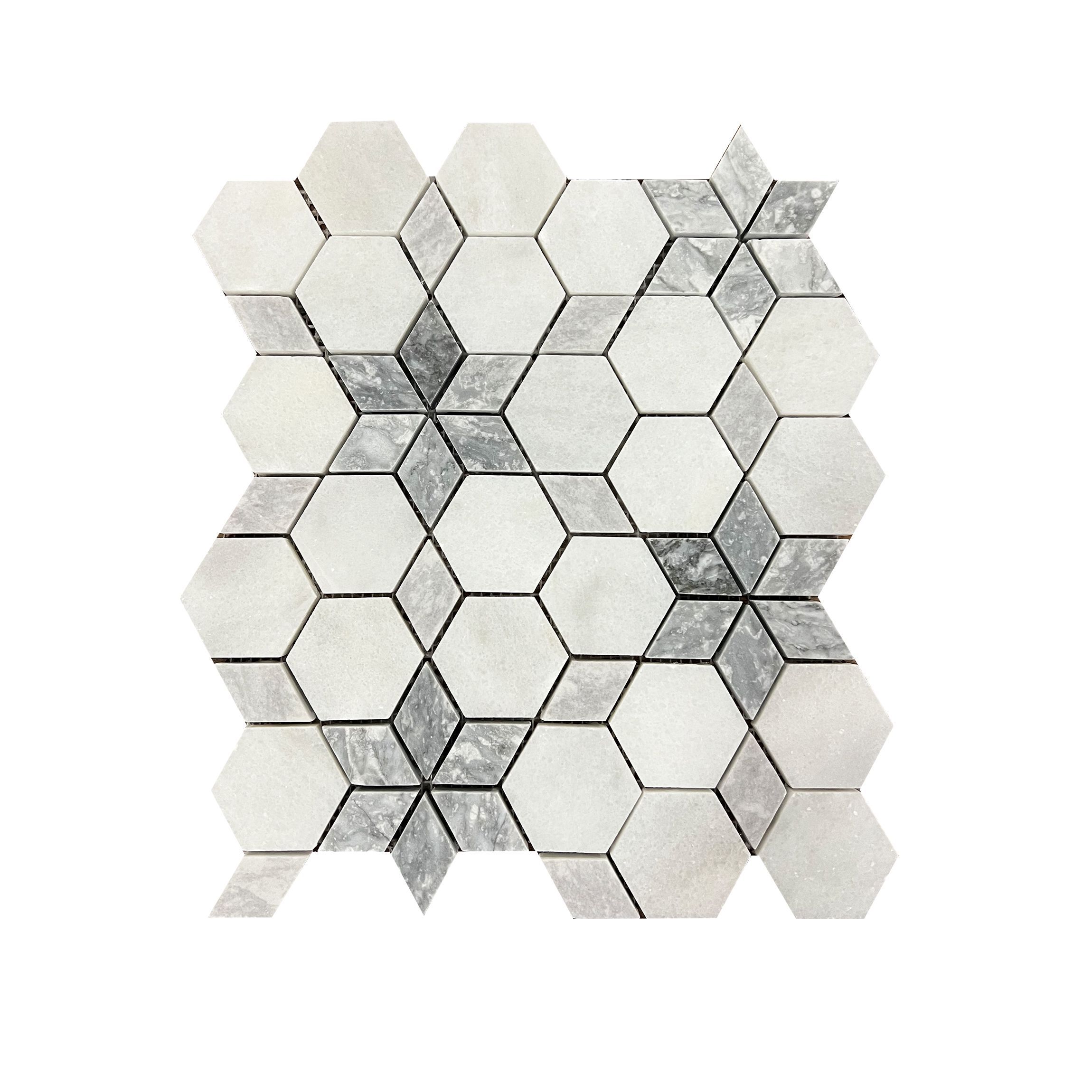 Honed Carrara white and platinum grey marble starline mosaic tile with grey six-point stars
