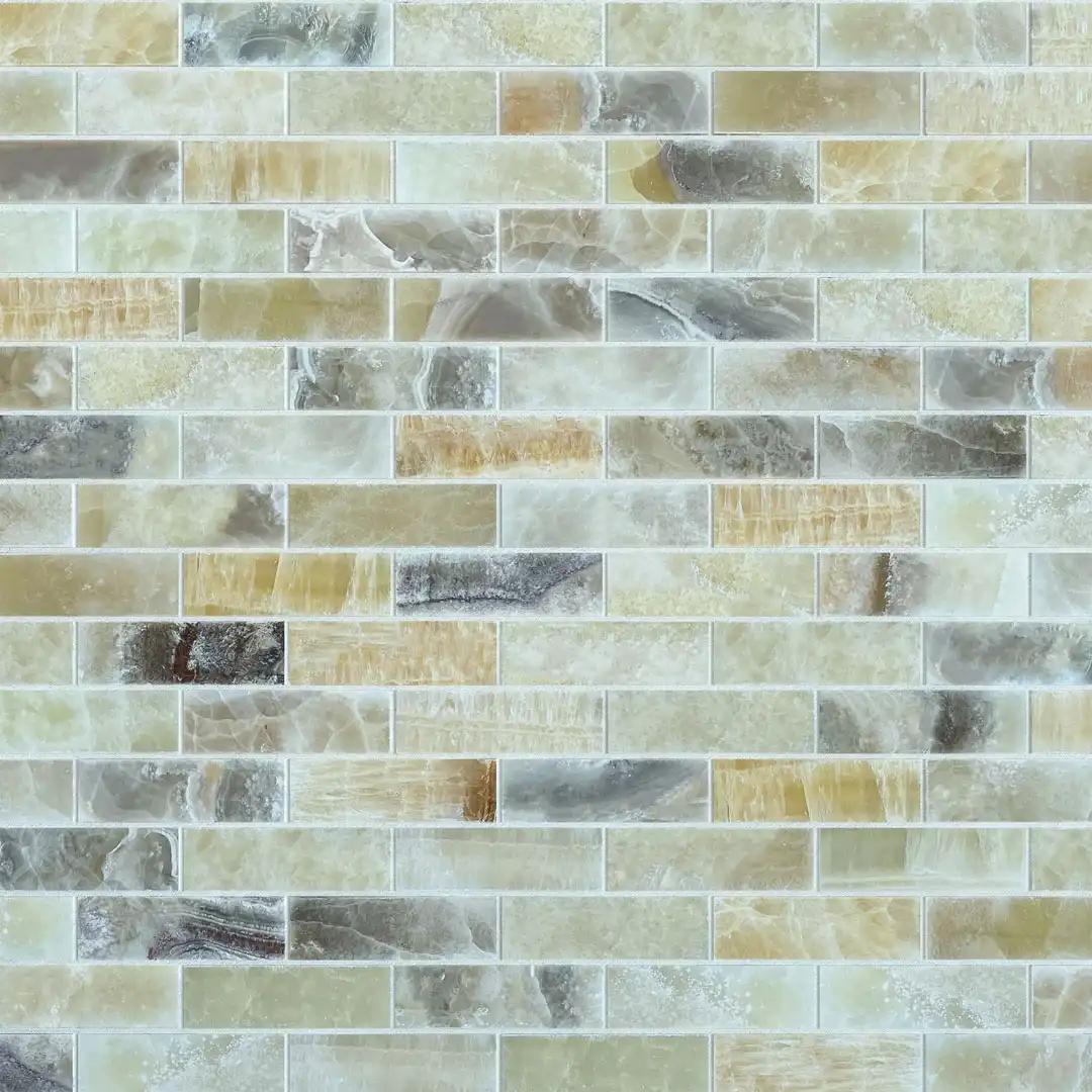 Honed onyx brick mosaic tile with translucent amber, honey and celadon banding thumbnail 2