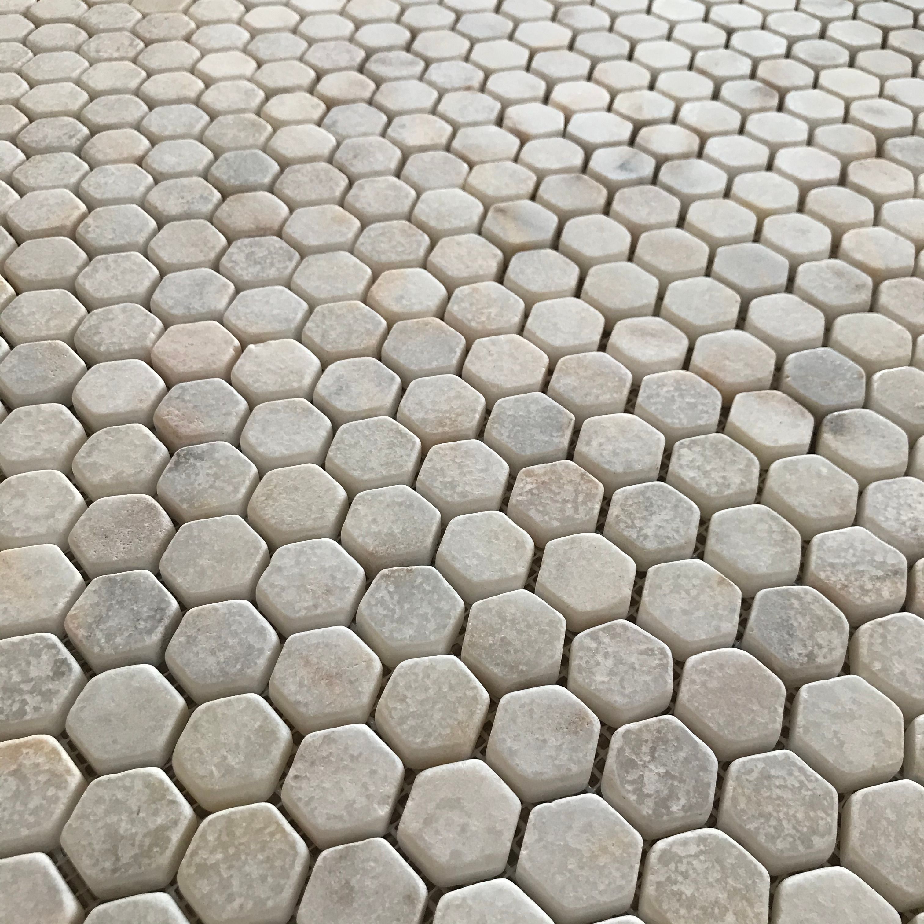 Tumbled Calacatta Sugar marble hexagon mosaic tile in gold, amber and ochre thumbnail 3