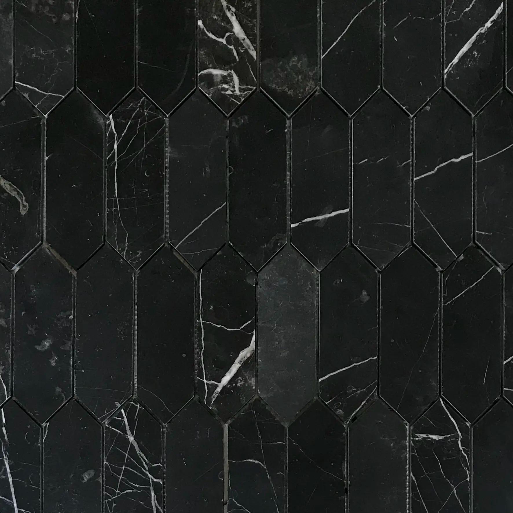 Honed Nero Marquina marble picket mosaic tile, black with white calcite veining thumbnail 2