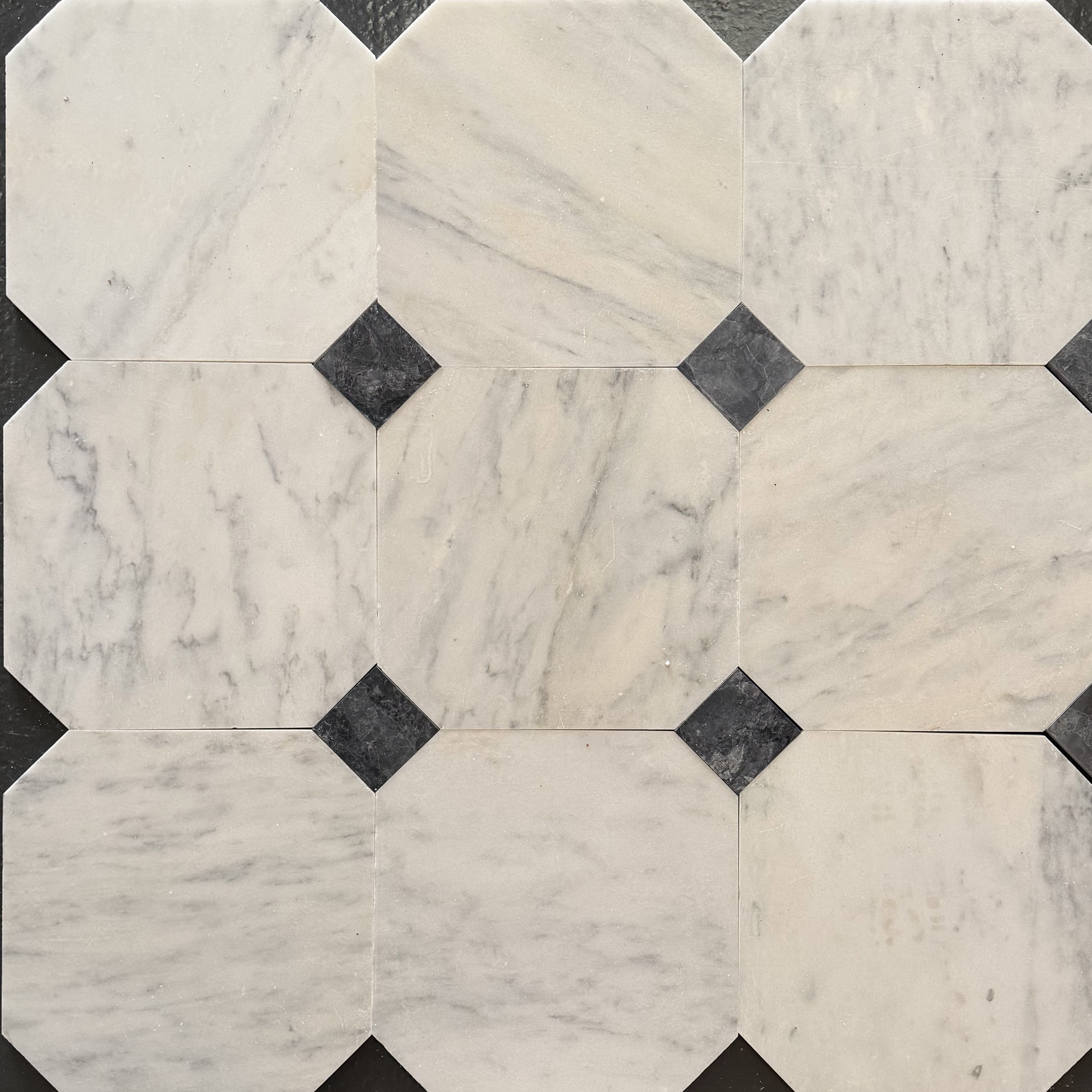 Honed Carrara white and Selene marble octagon tile, white with charcoal cabochons thumbnail 2