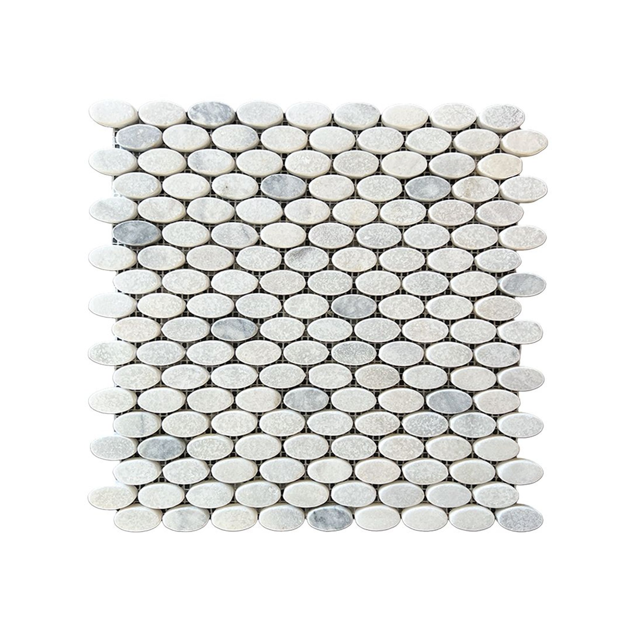 Tumbled Carrara white and platinum grey marble ellipse mosaic tile with silver-grey accents