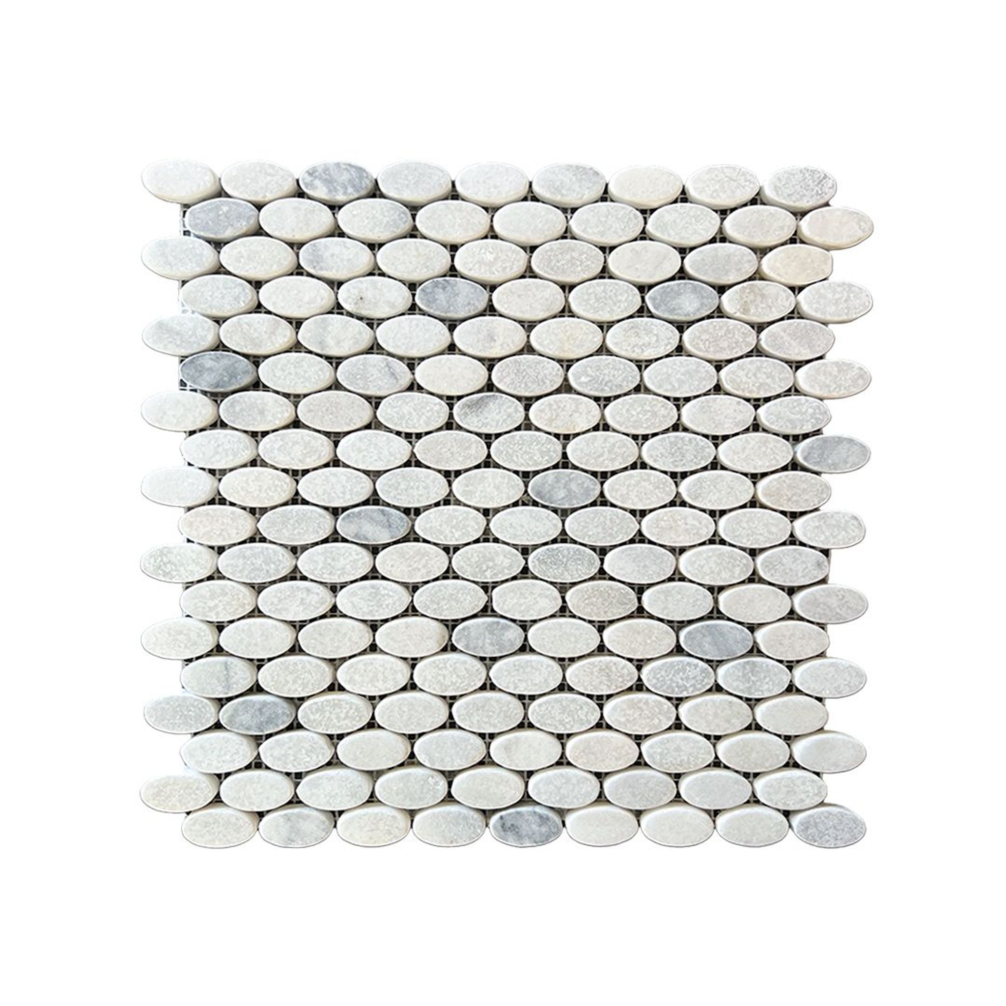 Tumbled Carrara white and platinum grey marble ellipse mosaic tile with silver-grey accents