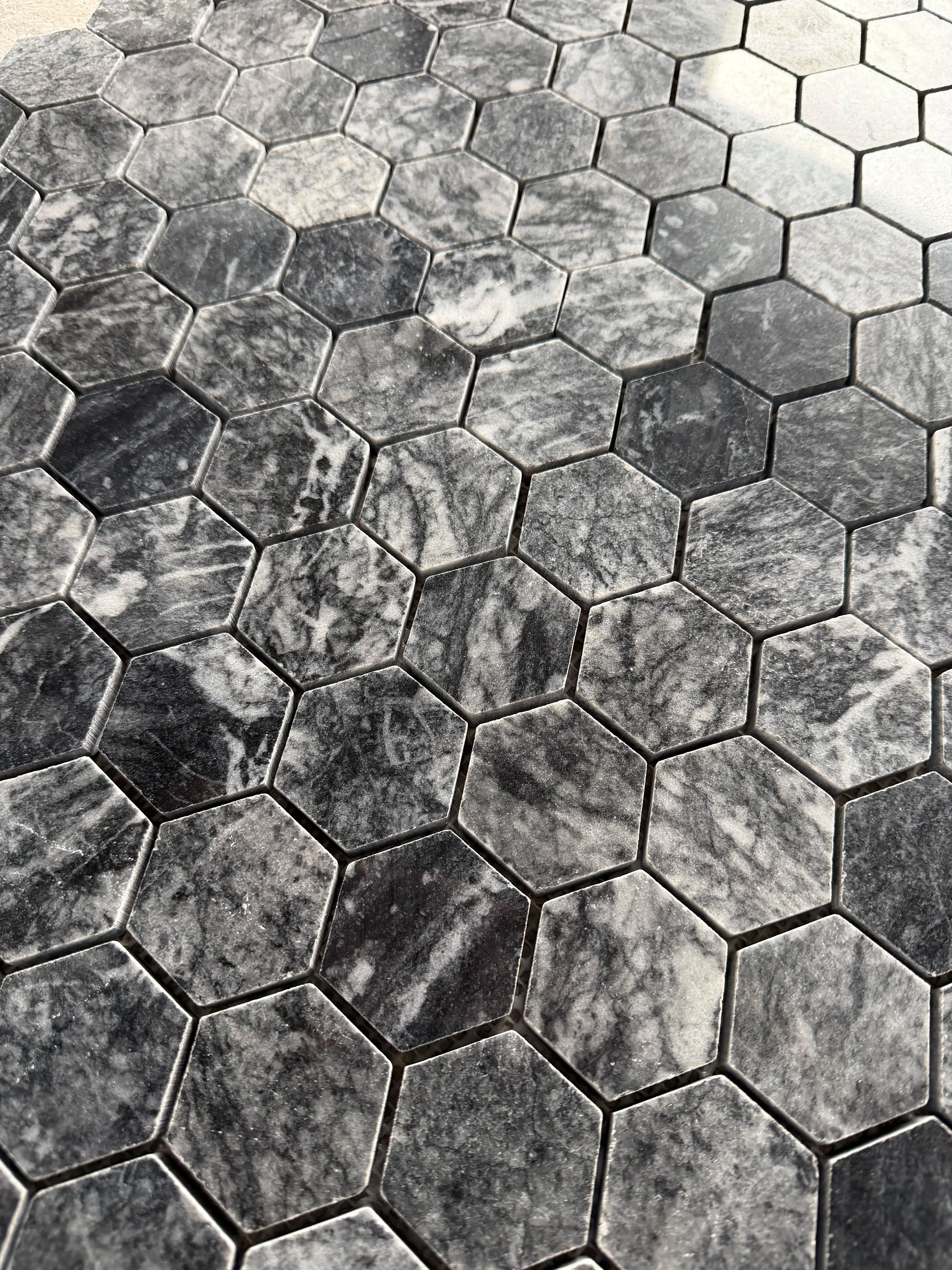 Polished Platinum Black marble hexagon mosaic tile, obsidian with white calcite veining thumbnail 2