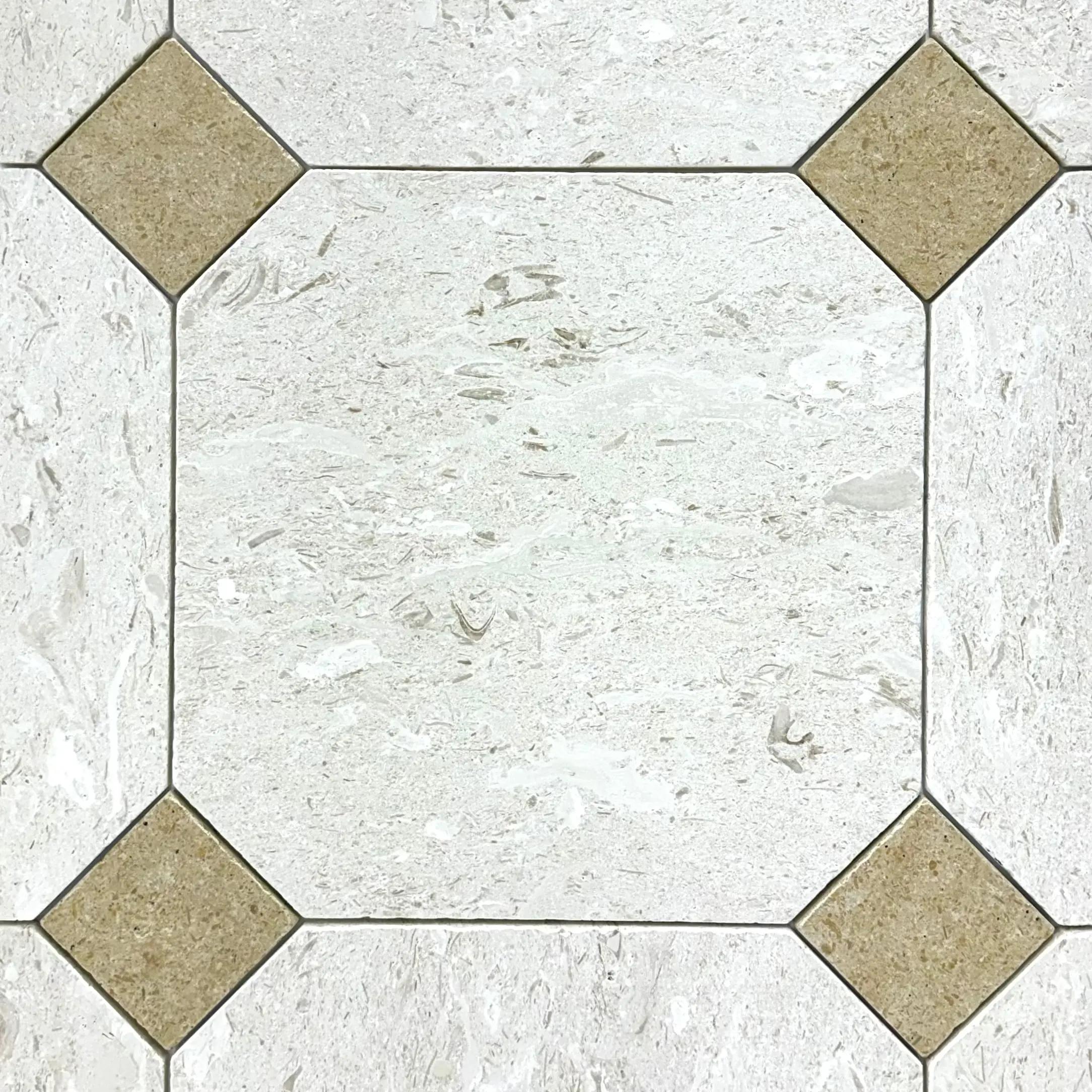Tumbled Shellstone limestone and Classic travertine octagon tile, pale with tan cabochons