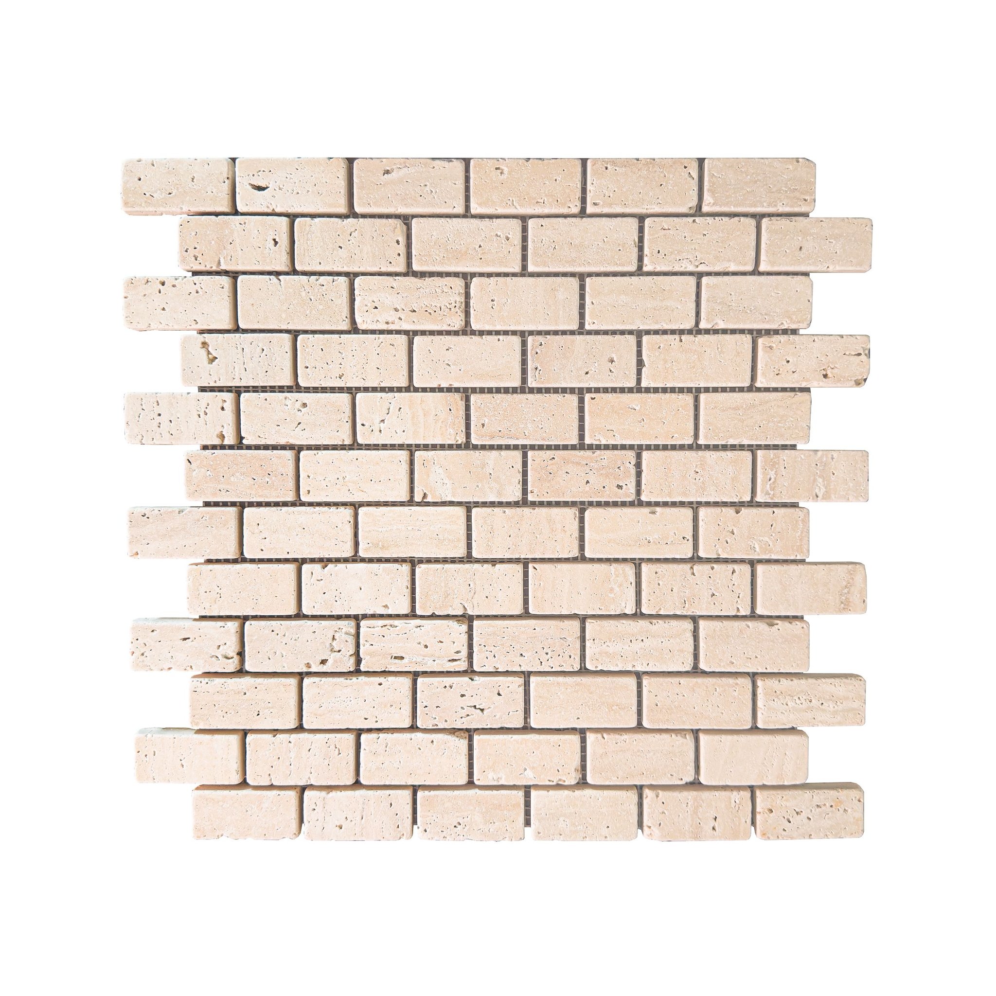 Tumbled travertine brick mosaic tile in biscuit, beige and warm sand