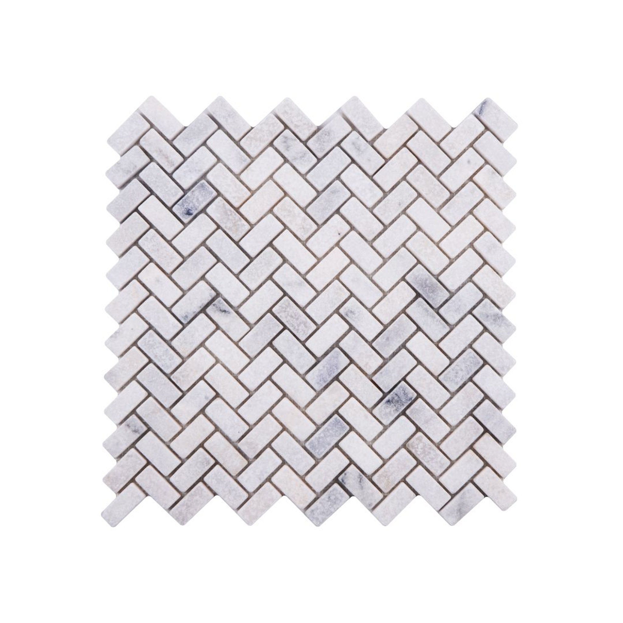 Tumbled Carrara White marble herringbone mosaic tile with soft grey veining