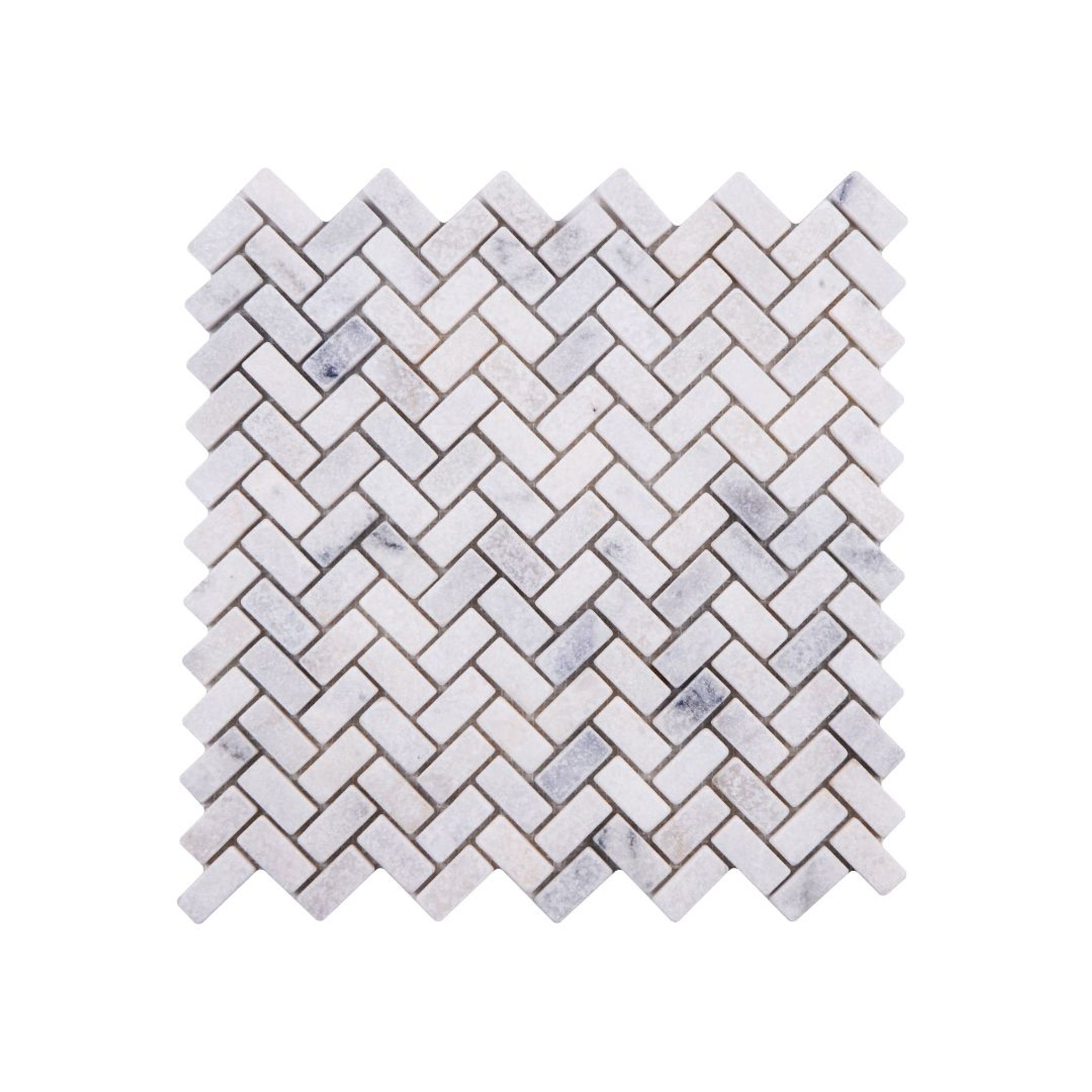 Tumbled Carrara White marble herringbone mosaic tile with soft grey veining
