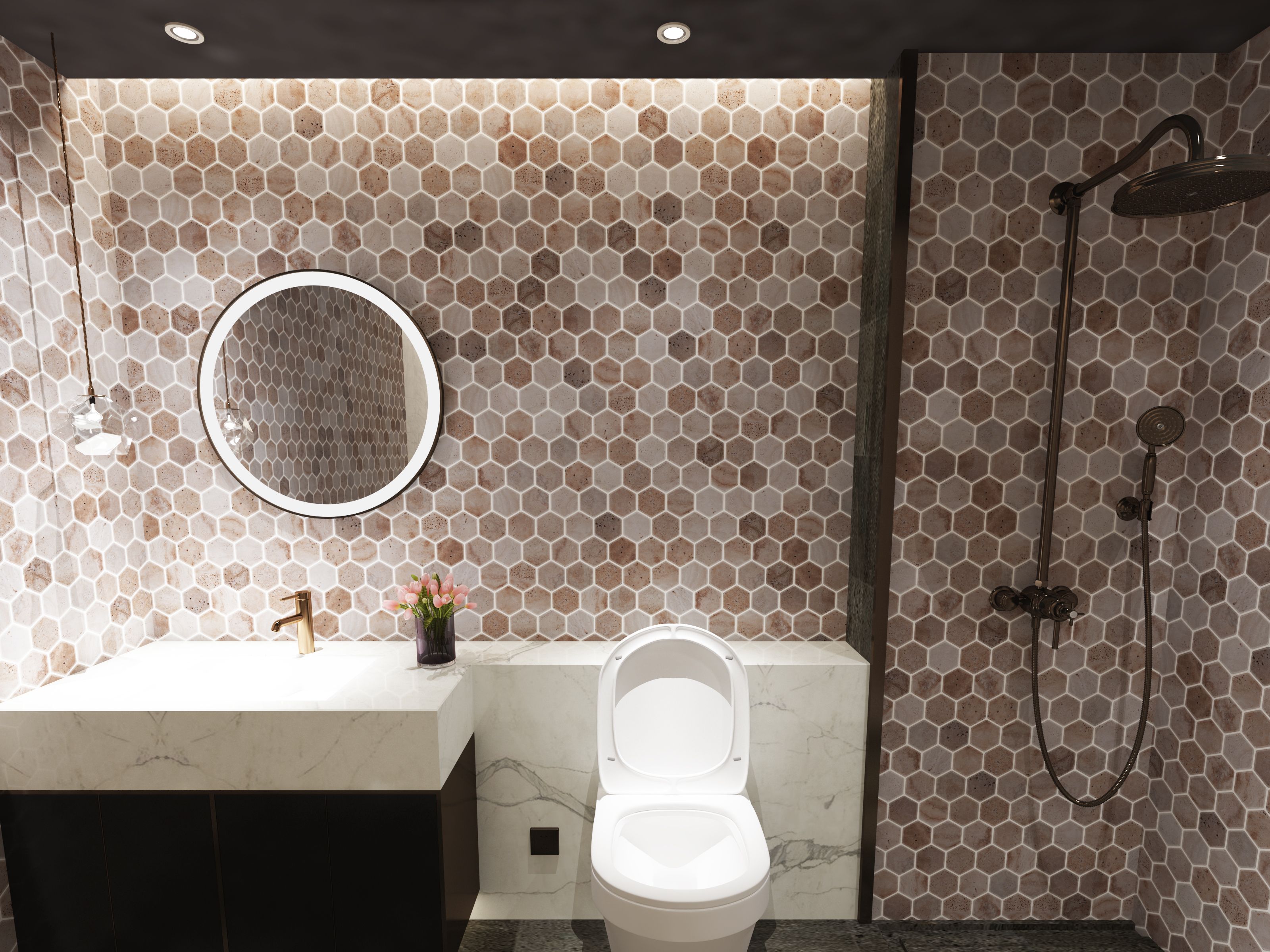 Tumbled Valencia travertine hexagon mosaic tile in caramel, biscuit and sandy beige thumbnail 2
