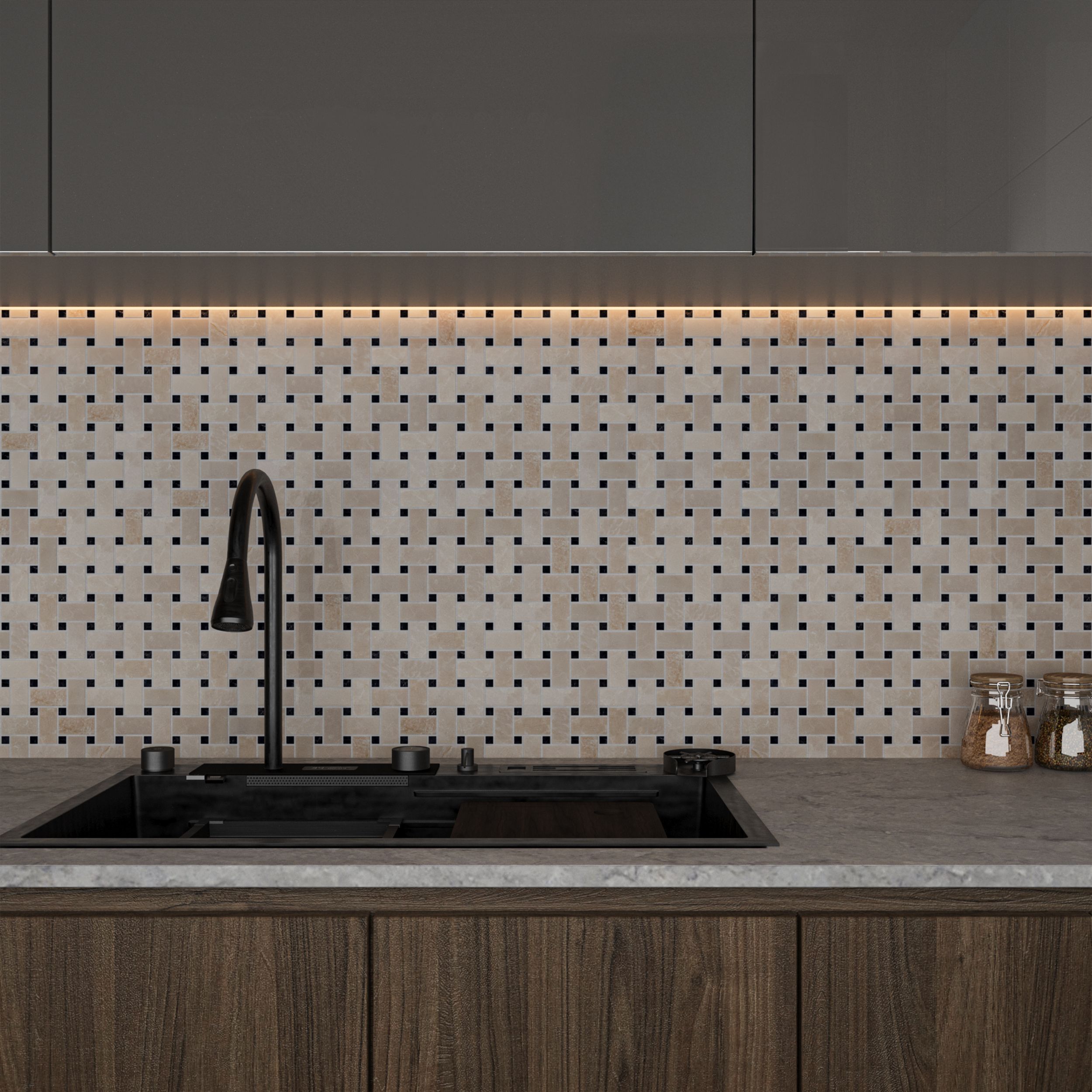 Polished beige marble basket-weave mosaic tile with black marble accent dots thumbnail 2