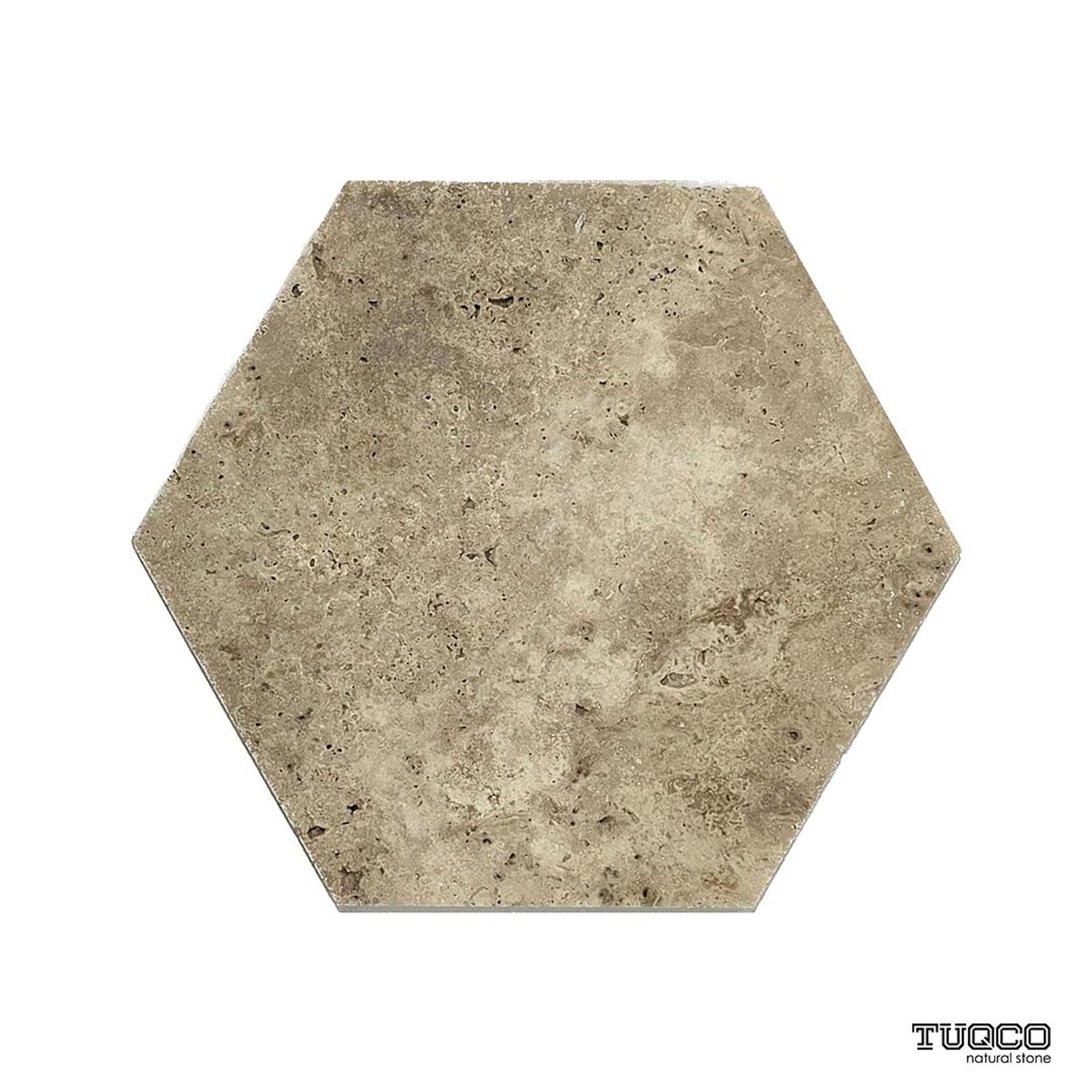 Honed Valencia travertine hexagon tile in soft taupe, sandy beige and biscuit
