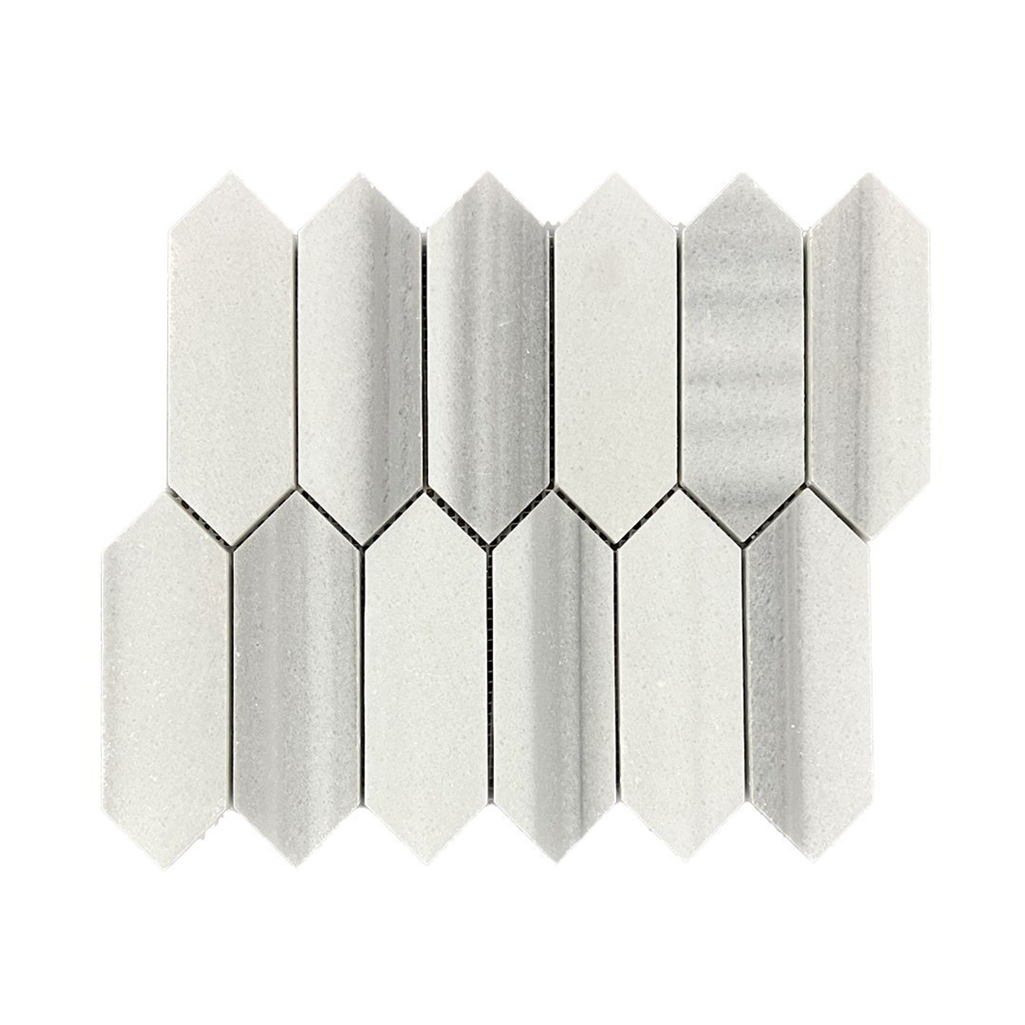 Honed Equator marble picket mosaic tile, glacial white with silver-grey striations