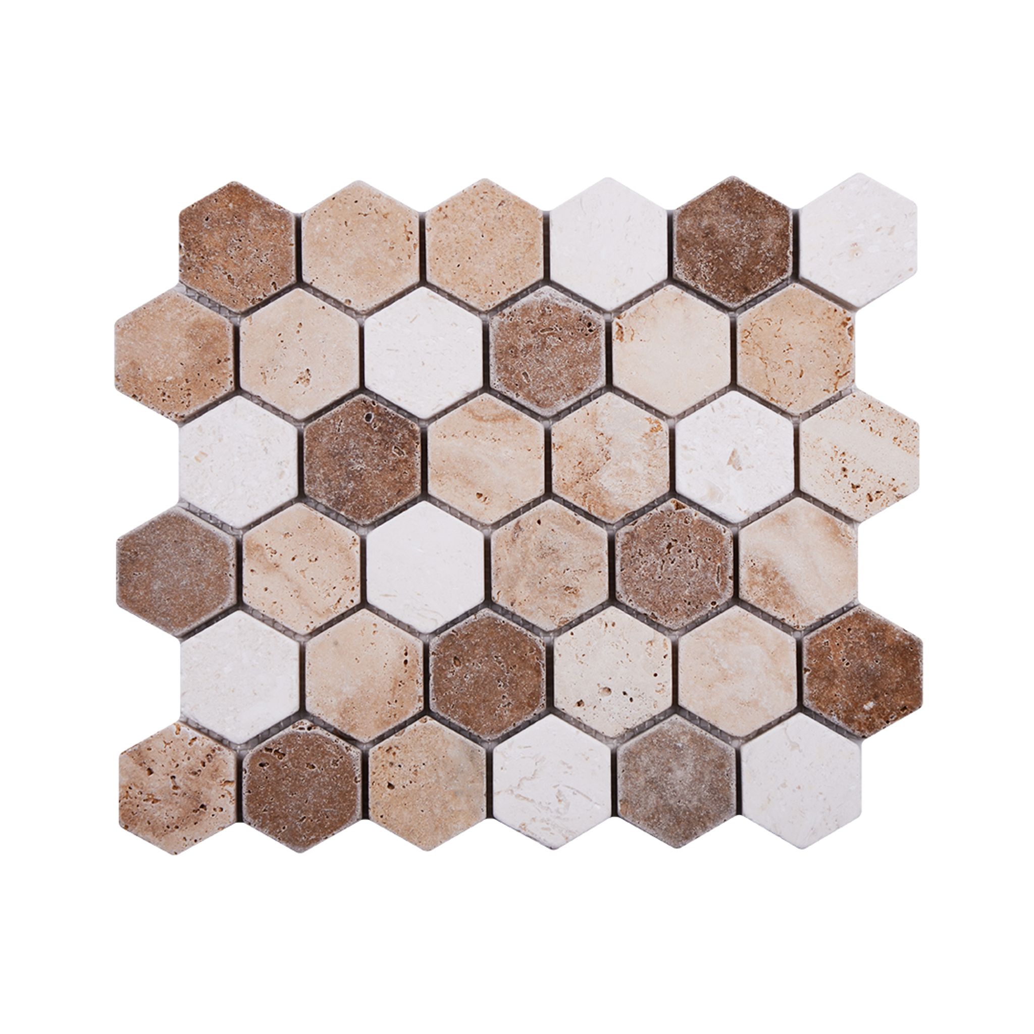 Travertine Mix 2 Inch Hexagon Tumbled Marble Mosaic Tile