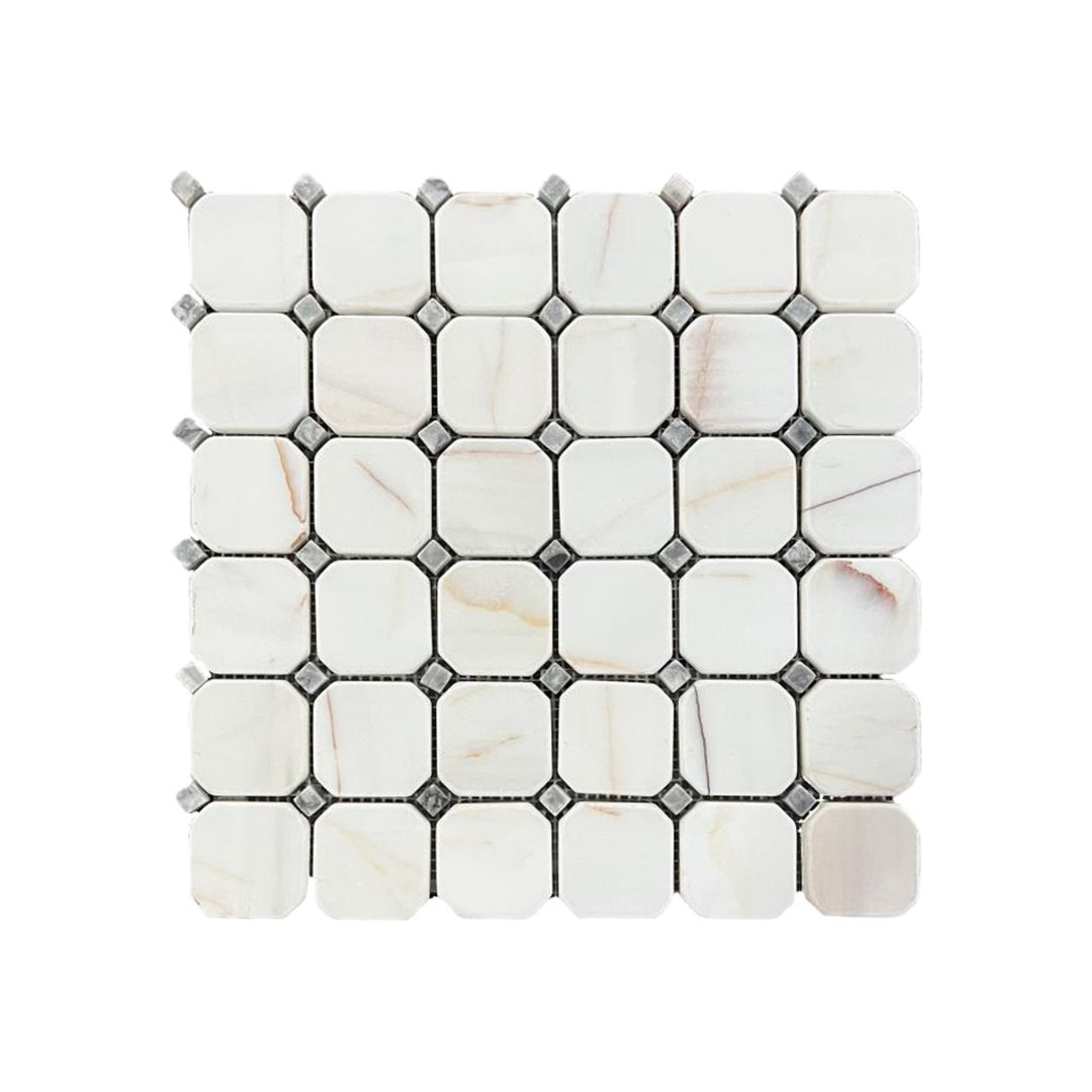 Tumbled dolomite spider octagon mosaic tile, white with copper-rust veining and grey dots