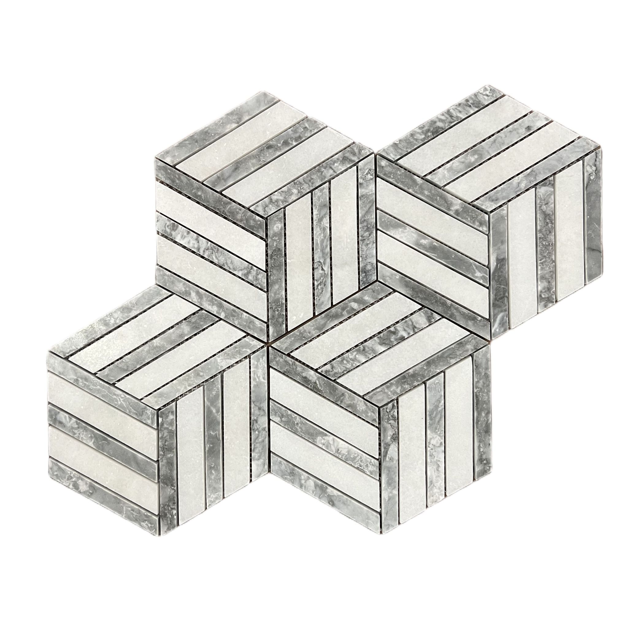 Honed Carrara white and platinum grey marble split hexagon mosaic tile with cubic illusion