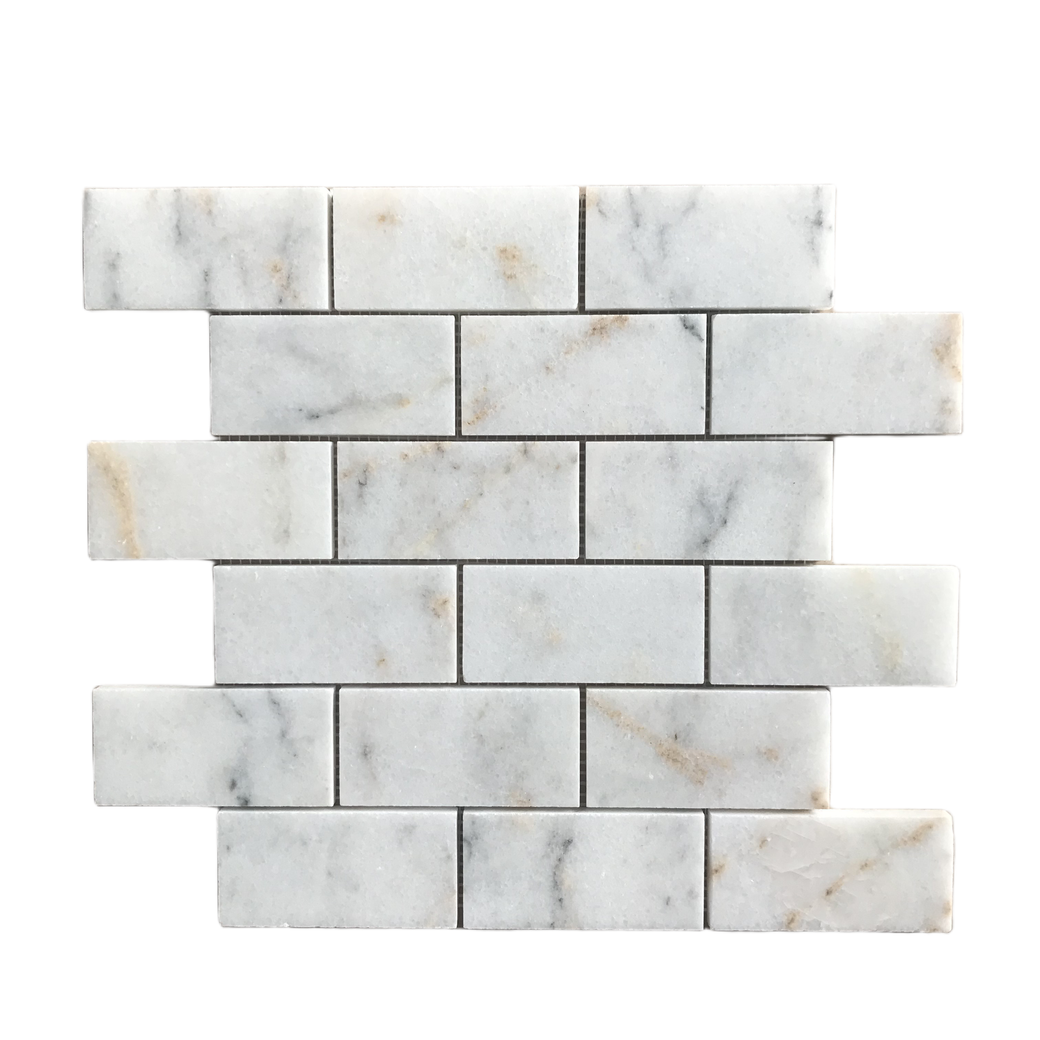 Honed Calacatta Sugar marble brick mosaic tile, white with grey and gold veining