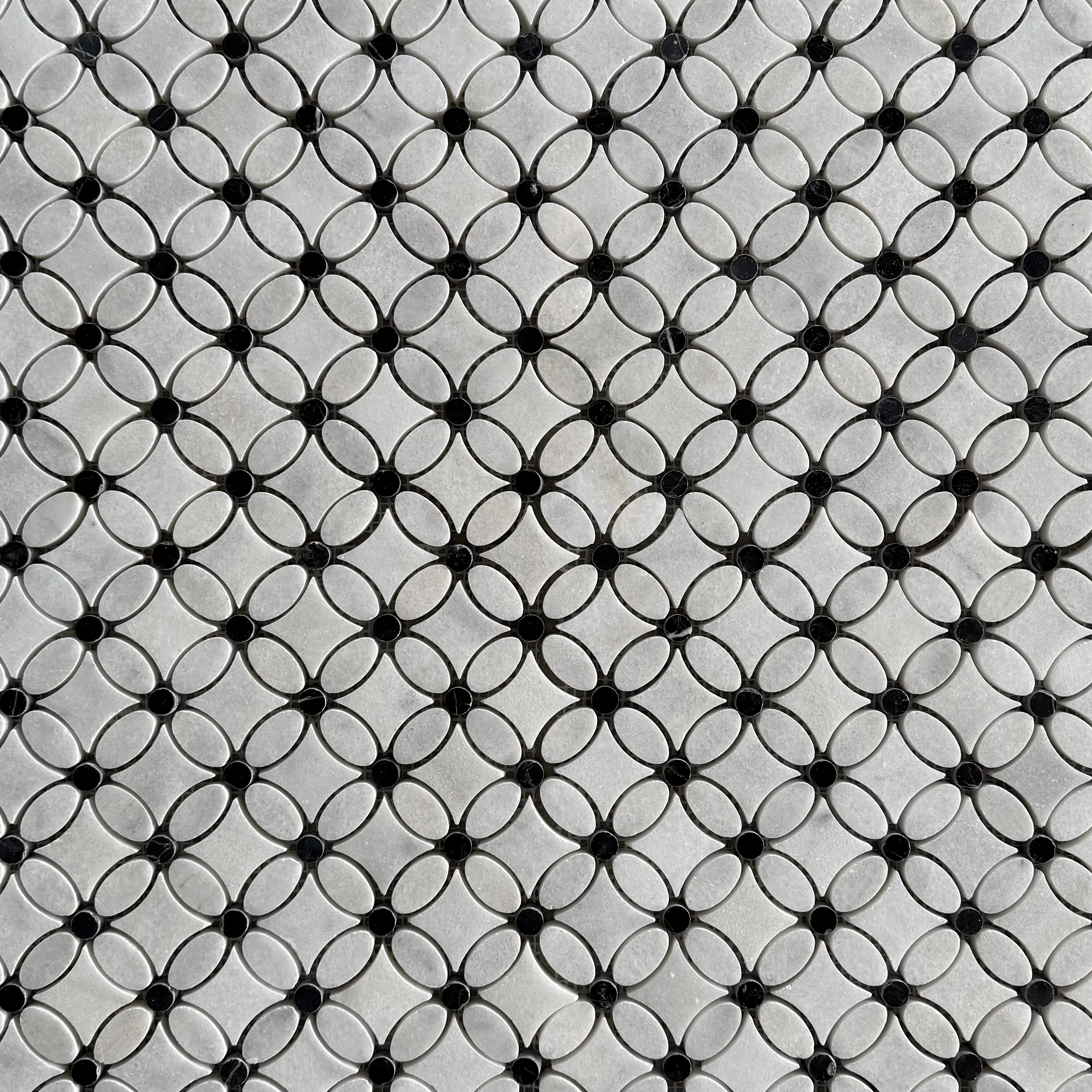 Polished Carrara white and Nero Marquina marble flower mosaic tile with black dots thumbnail 2