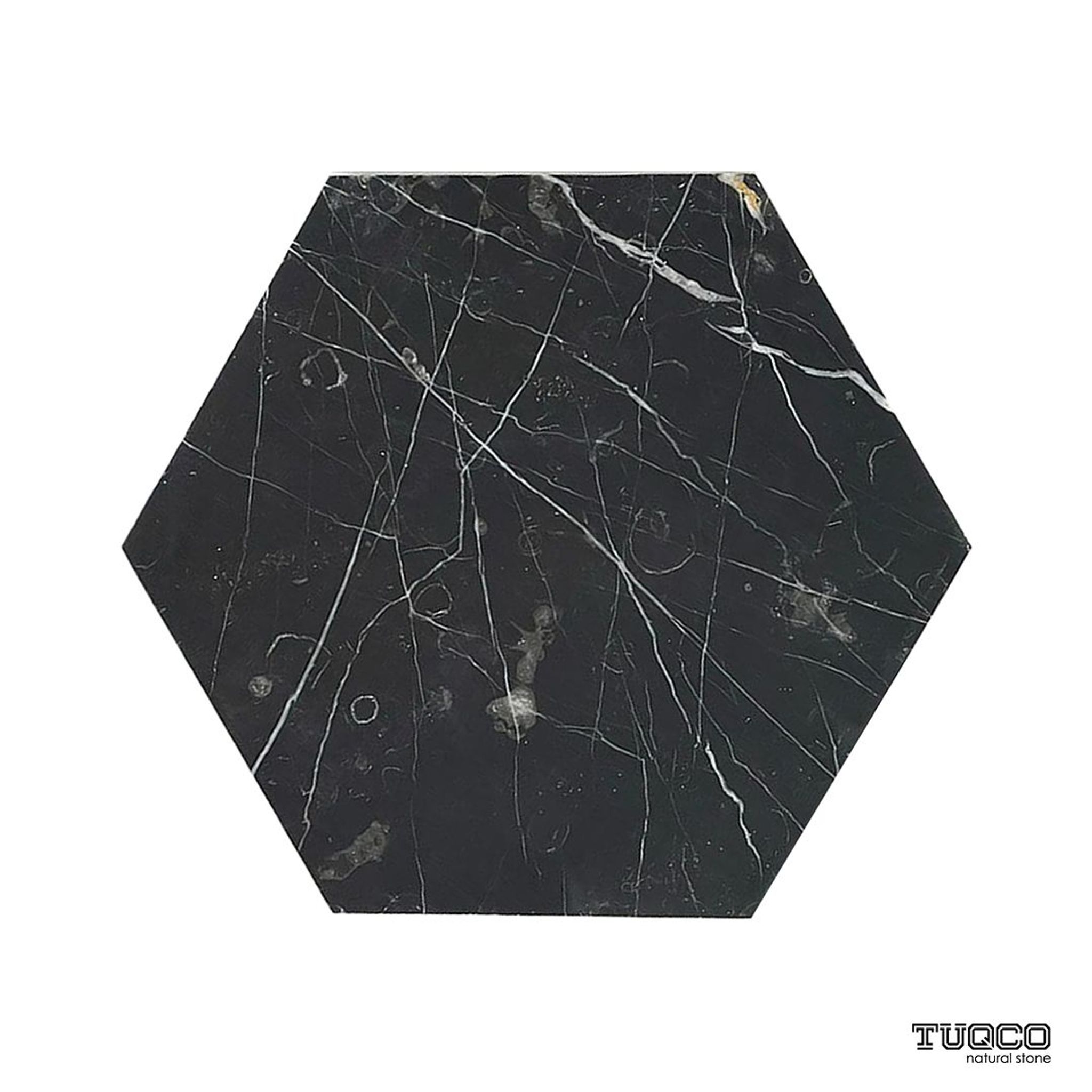 Honed Nero Marquina black marble hexagon tile with dramatic white veining