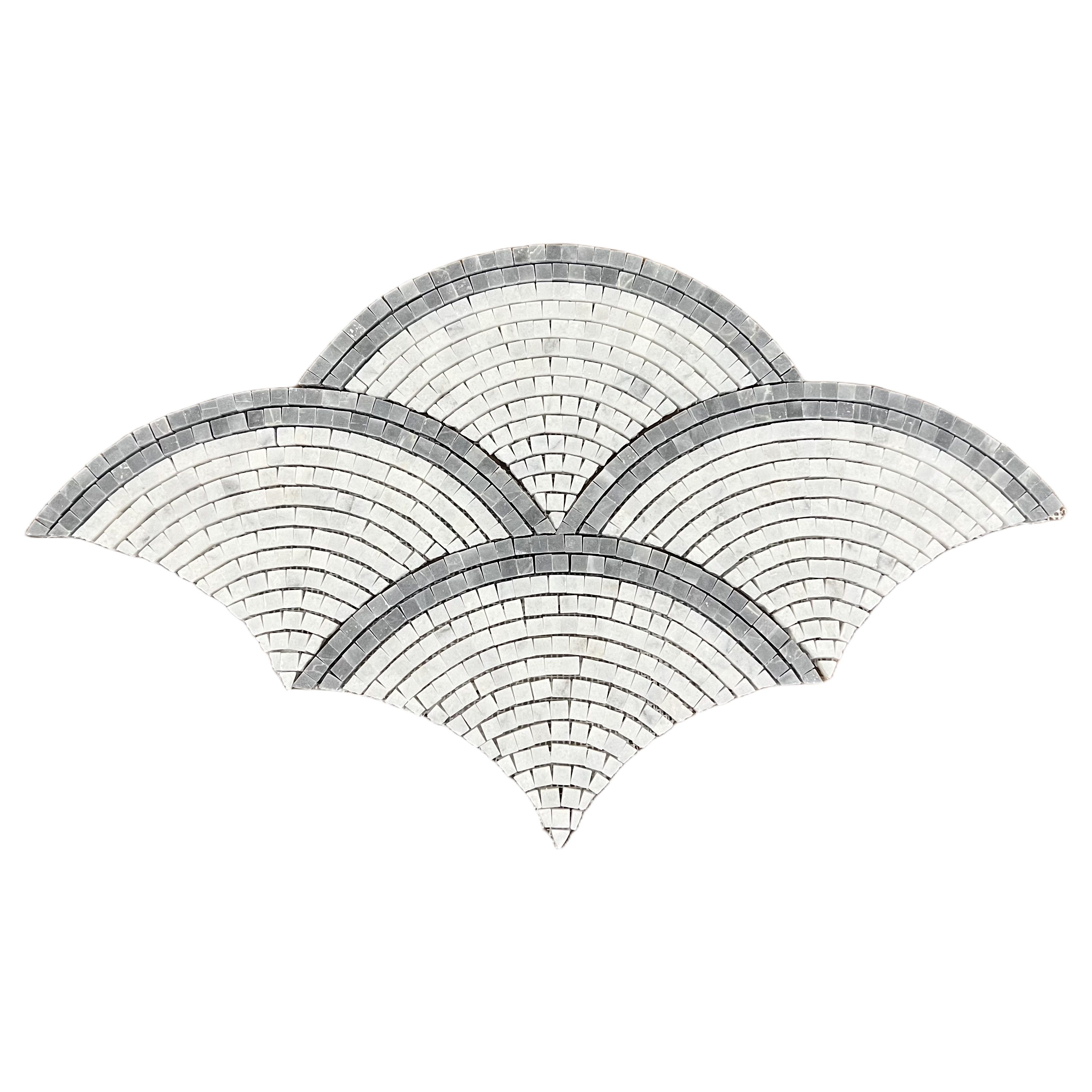 Honed Carrara white and platinum grey marble fan scallop mosaic tile with grey borders