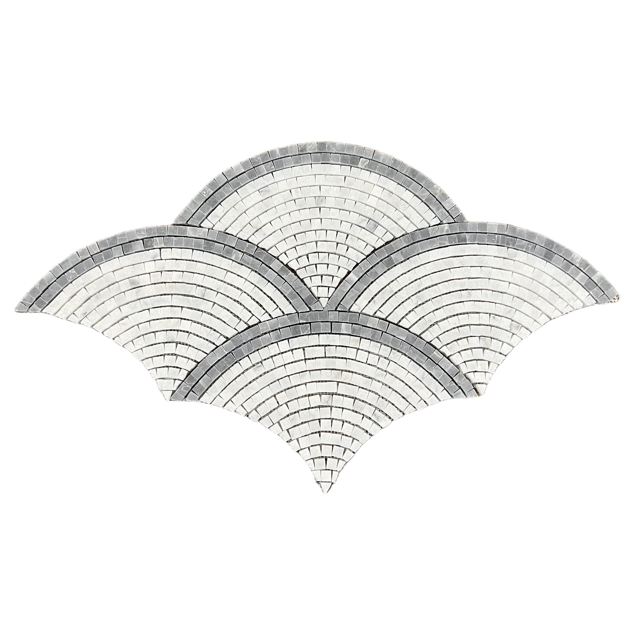Honed Carrara white and platinum grey marble fan scallop mosaic tile with grey borders