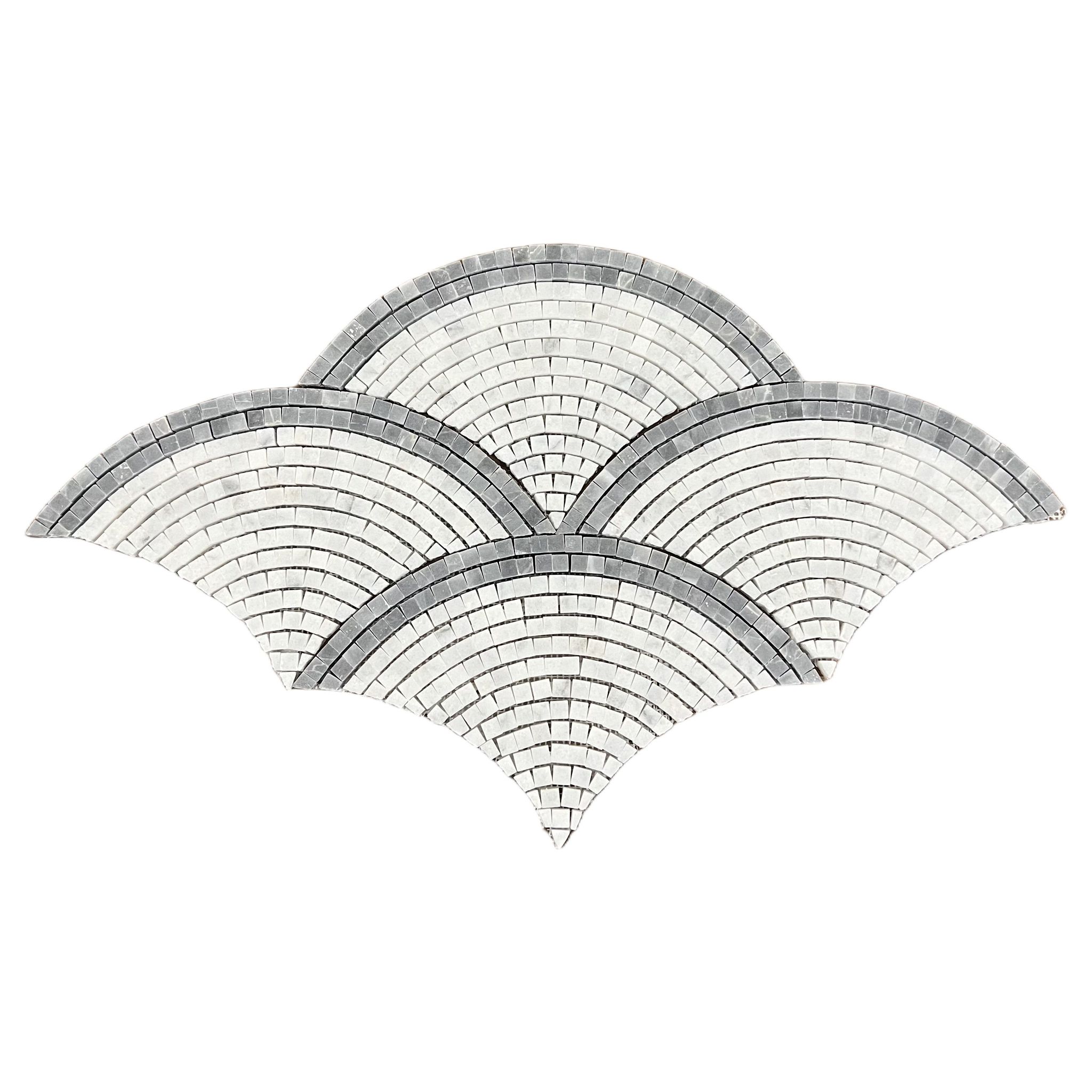 Honed Carrara white and platinum grey marble fan scallop mosaic tile with grey borders