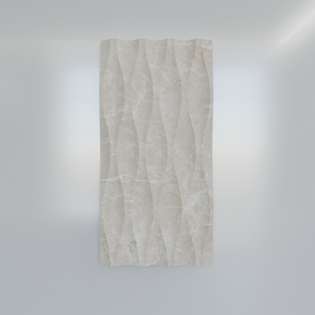 Beige wave-textured marble tile with sculptural three-dimensional relief
