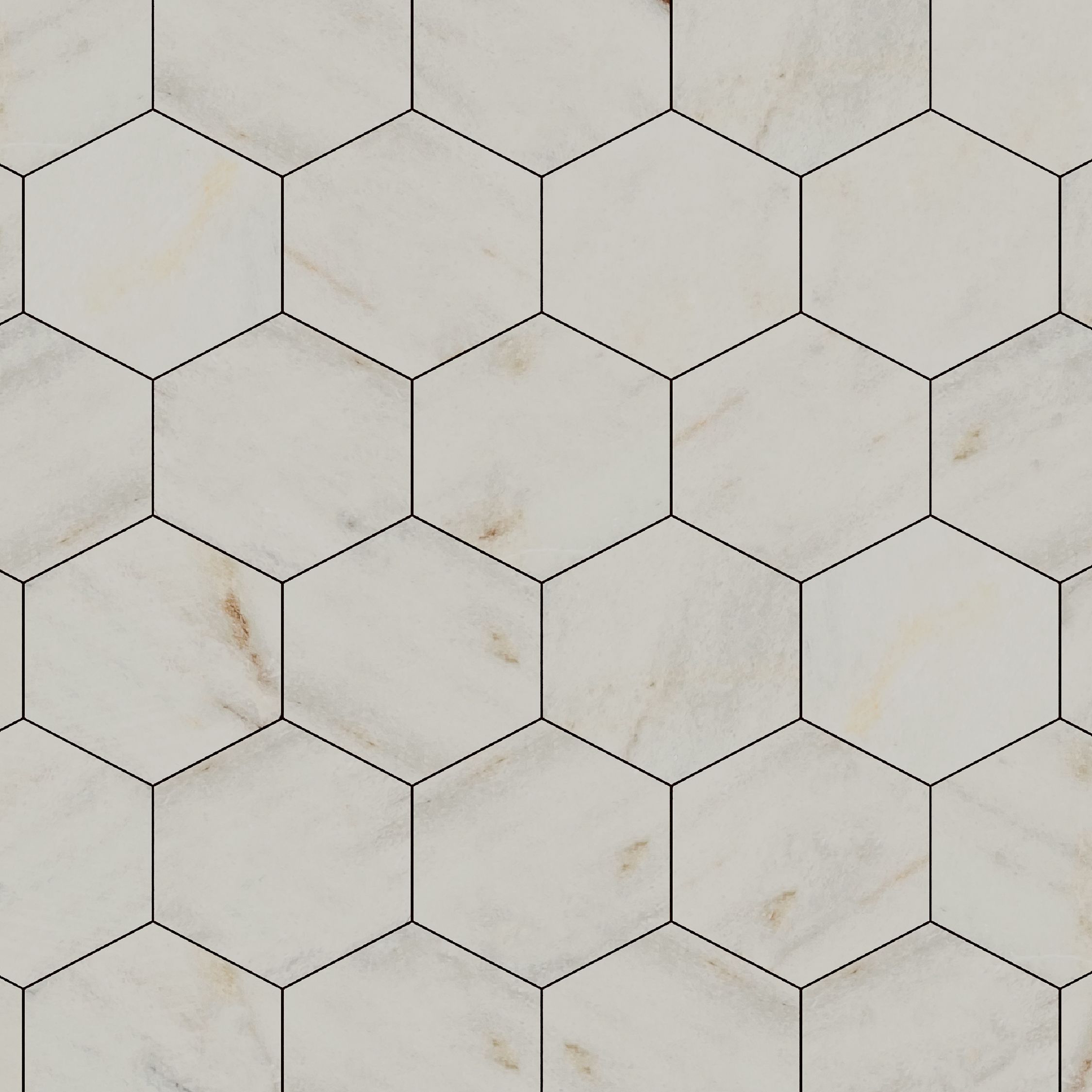 Honed Calacatta Sugar marble hexagon tile, creamy white with gold and amber veining thumbnail 2