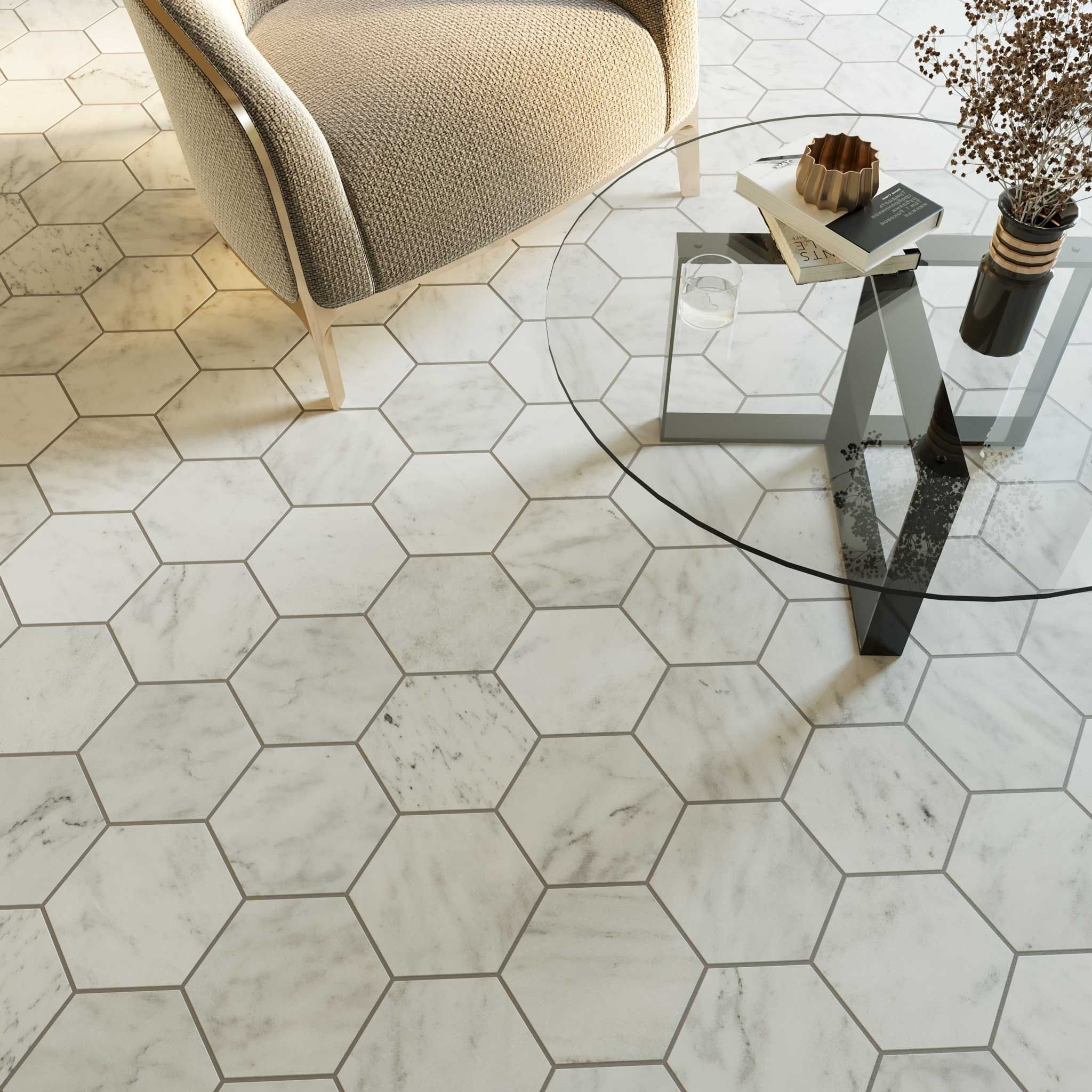 Honed Carrara White marble hexagon tile, frosted white with dove-grey and charcoal veining