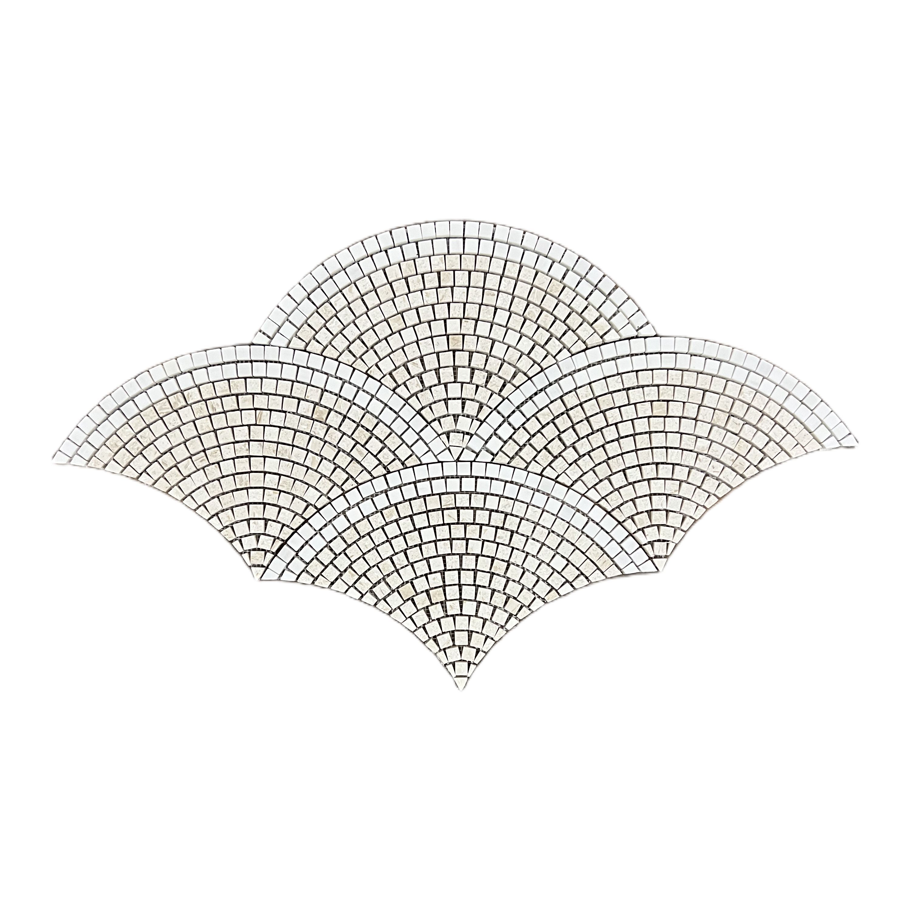 Honed dolomite and Shellstone limestone fan scallop mosaic tile with white arcs