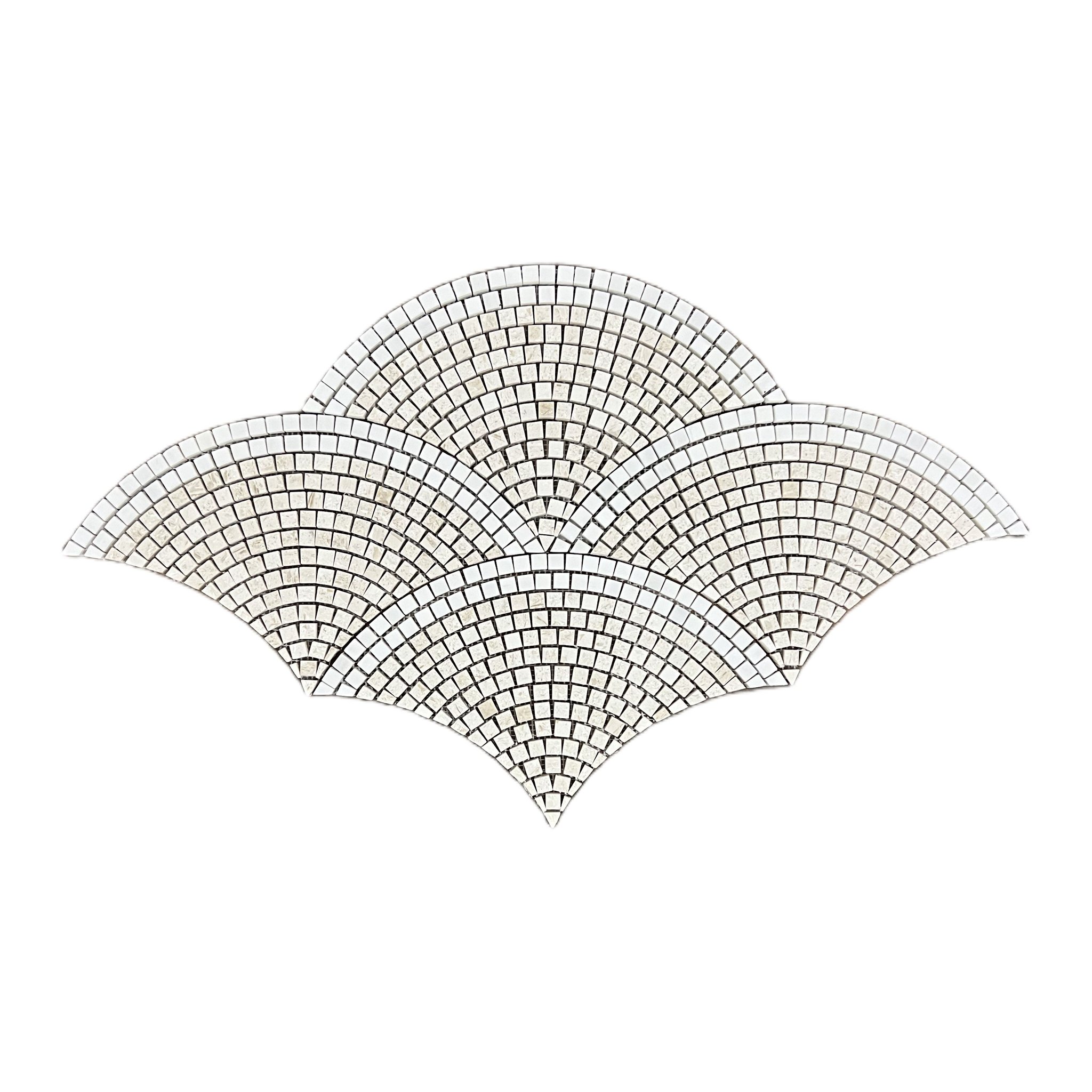 Honed dolomite and Shellstone limestone fan scallop mosaic tile with white arcs