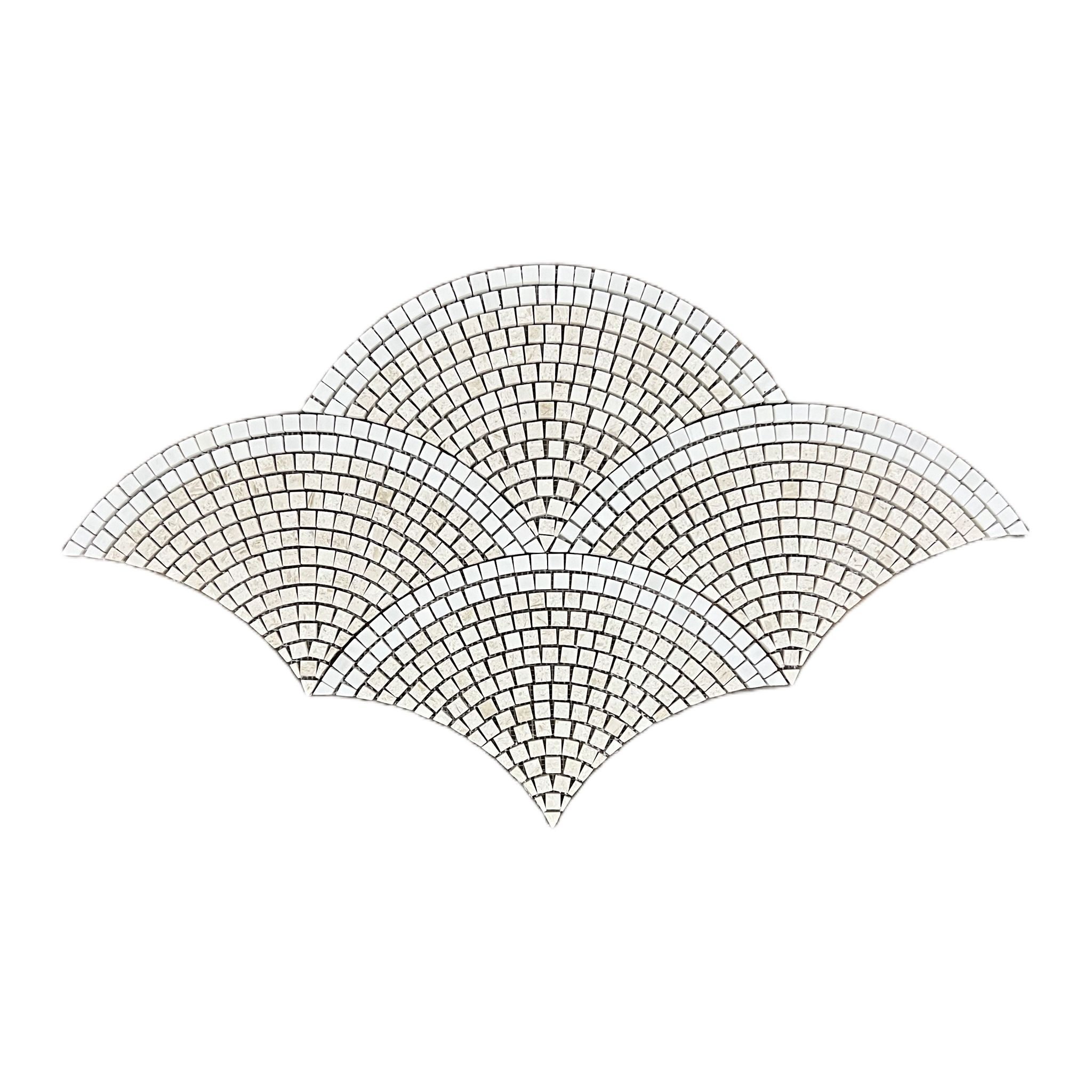 Honed dolomite and Shellstone limestone fan scallop mosaic tile with white arcs