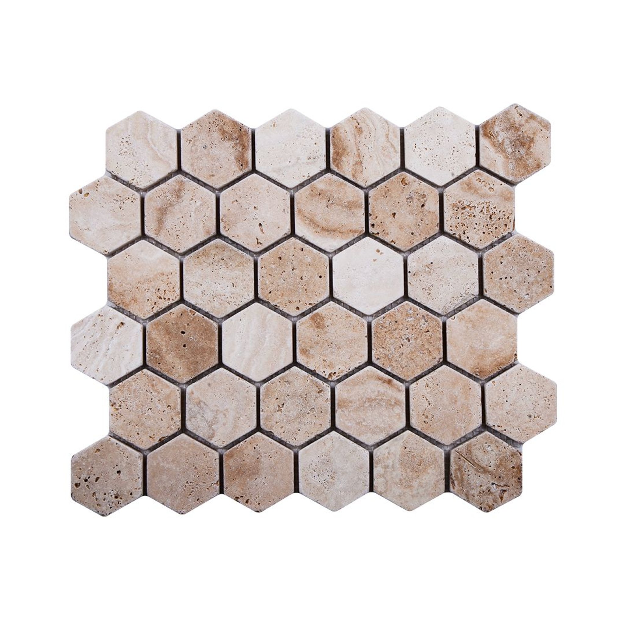 Tumbled Valencia travertine hexagon mosaic tile in caramel, biscuit and sandy beige