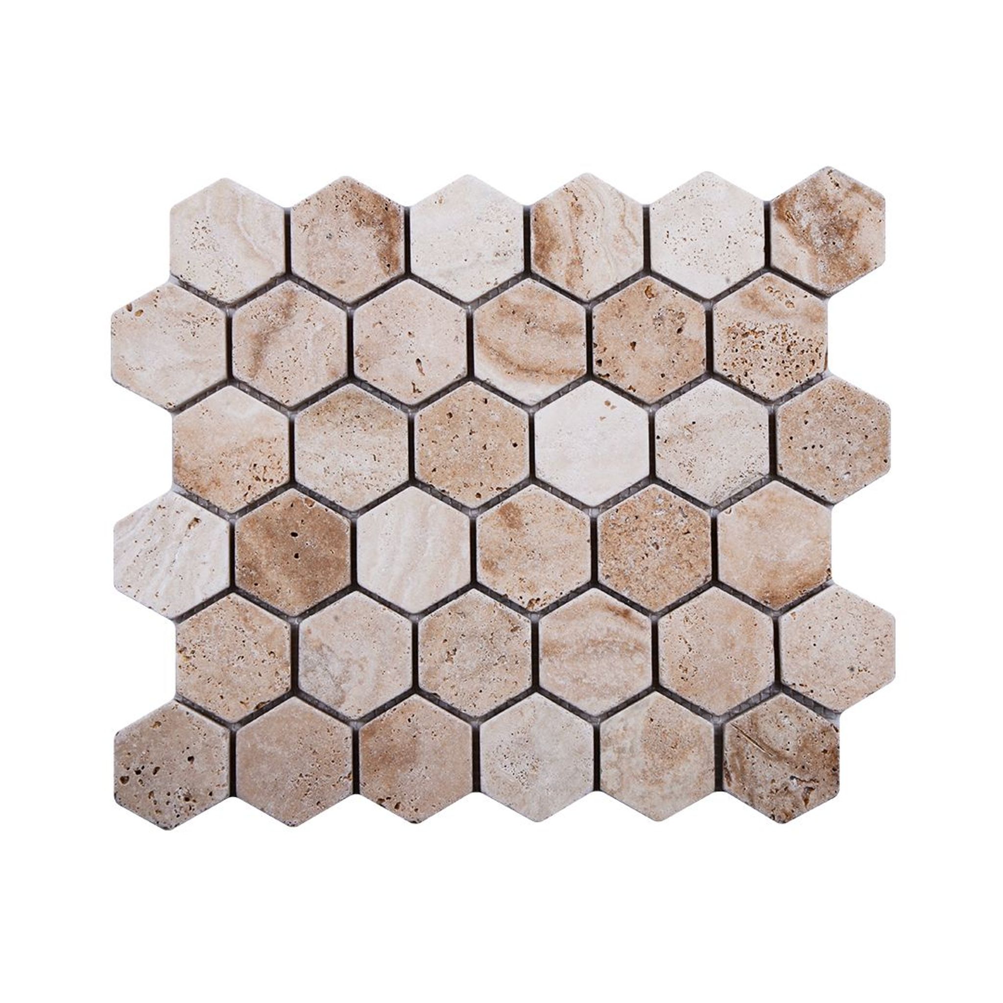Tumbled Valencia travertine hexagon mosaic tile in caramel, biscuit and sandy beige