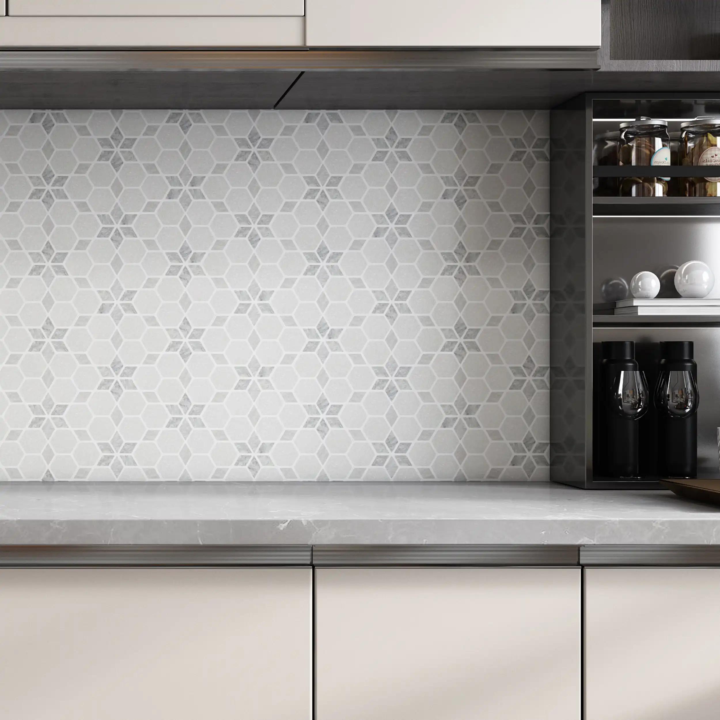 Tumbled Carrara white and platinum grey marble starline mosaic tile with grey six-point stars thumbnail 3