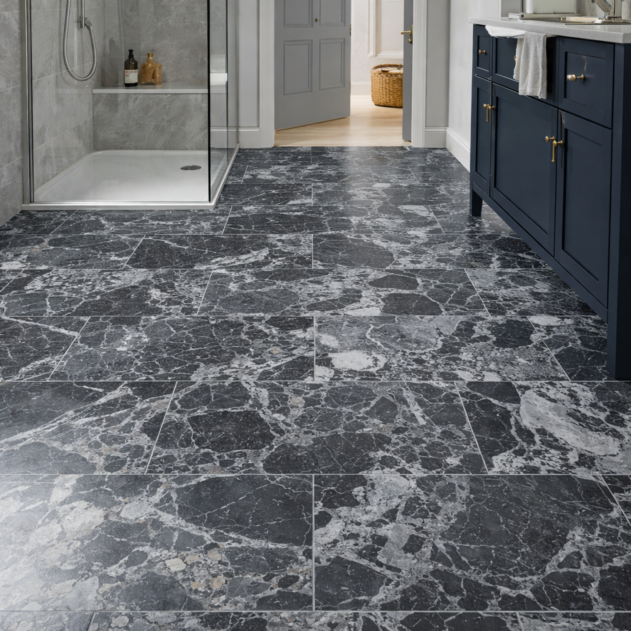 Pitted Selene marble tile, charcoal with white and ash-grey brecciation