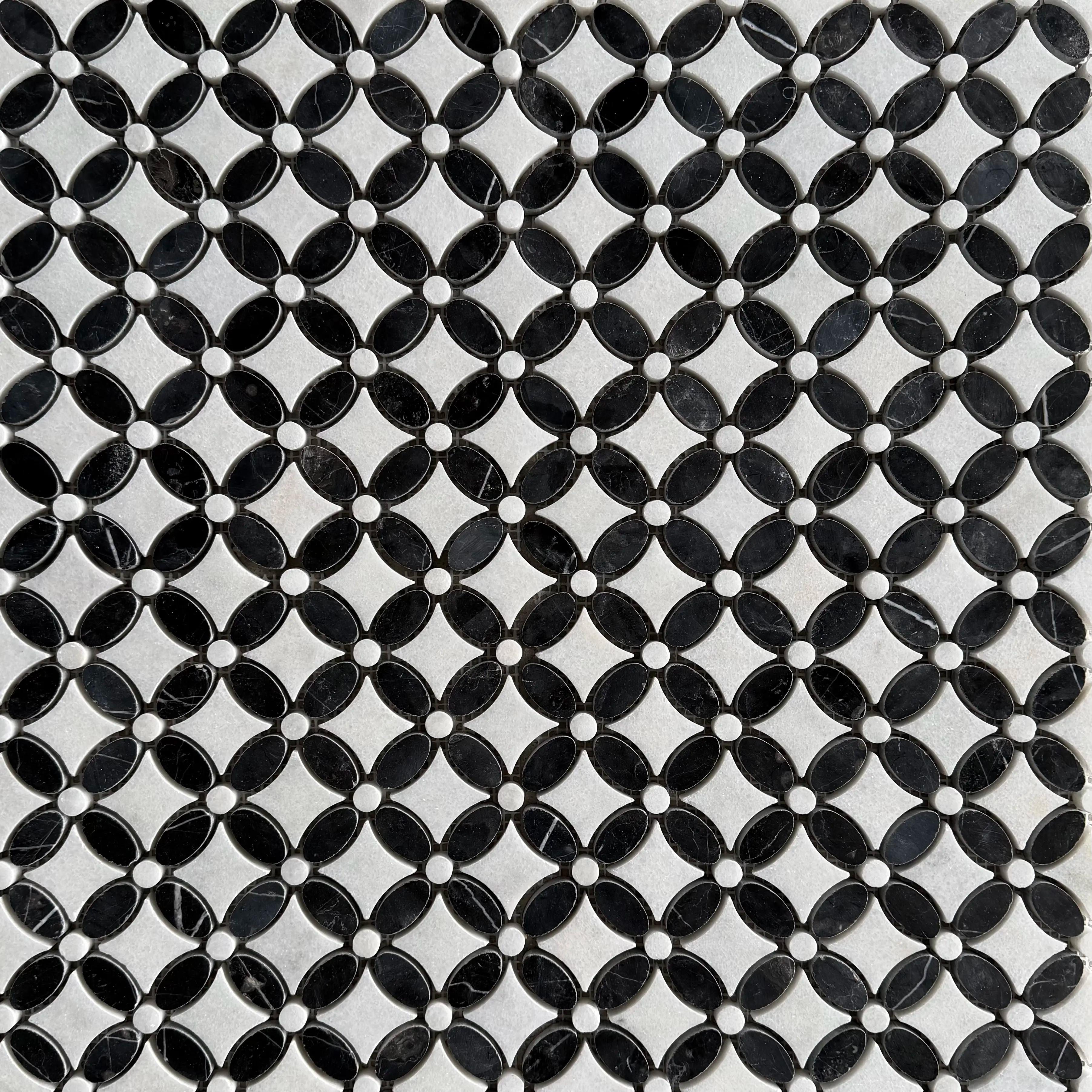 Polished Carrara white and Nero Marquina marble flower mosaic tile in black and white thumbnail 3
