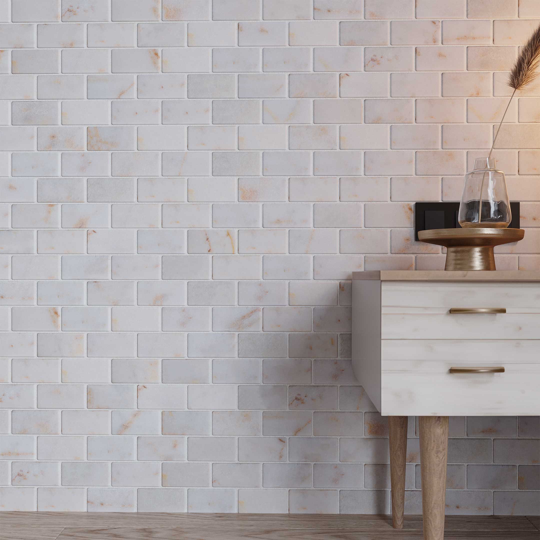 Tumbled Calacatta Sugar marble brick mosaic tile, aged white with gold and ochre thumbnail 2