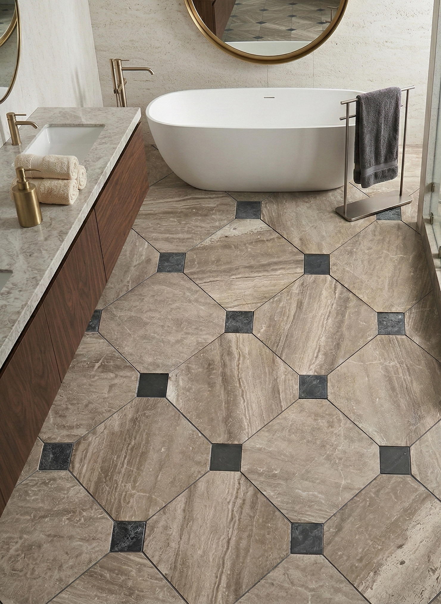 Honed Diana Royal and Selene marble octagon tile, fawn beige with charcoal cabochons thumbnail 3