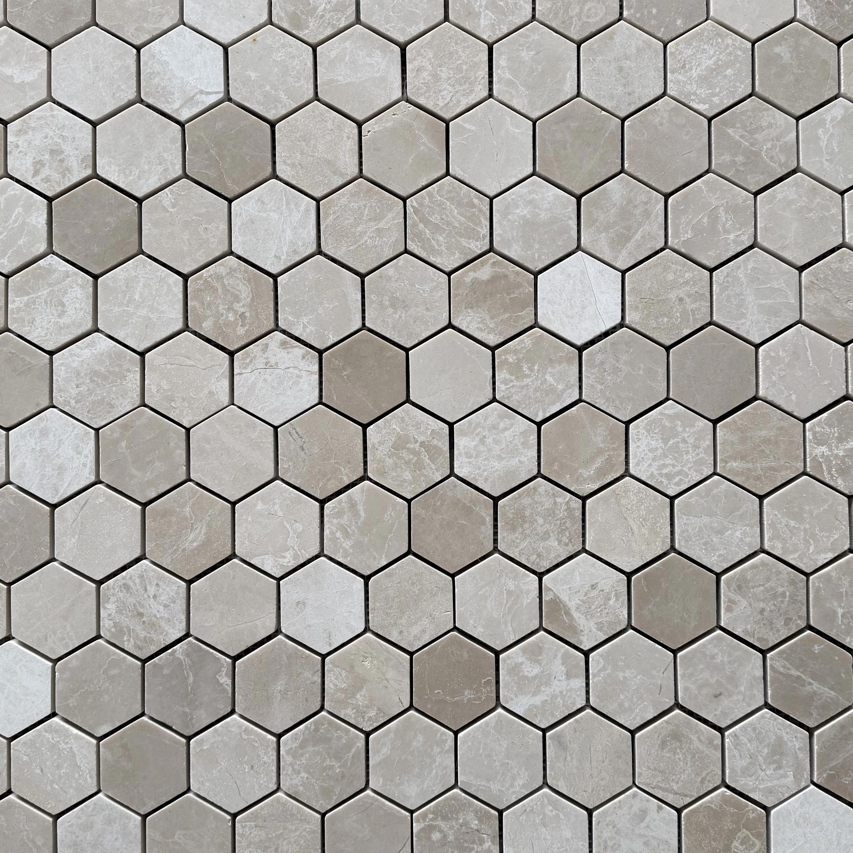 Polished Belgravia Beige marble hexagon mosaic tile in taupe, mushroom and oat thumbnail 2
