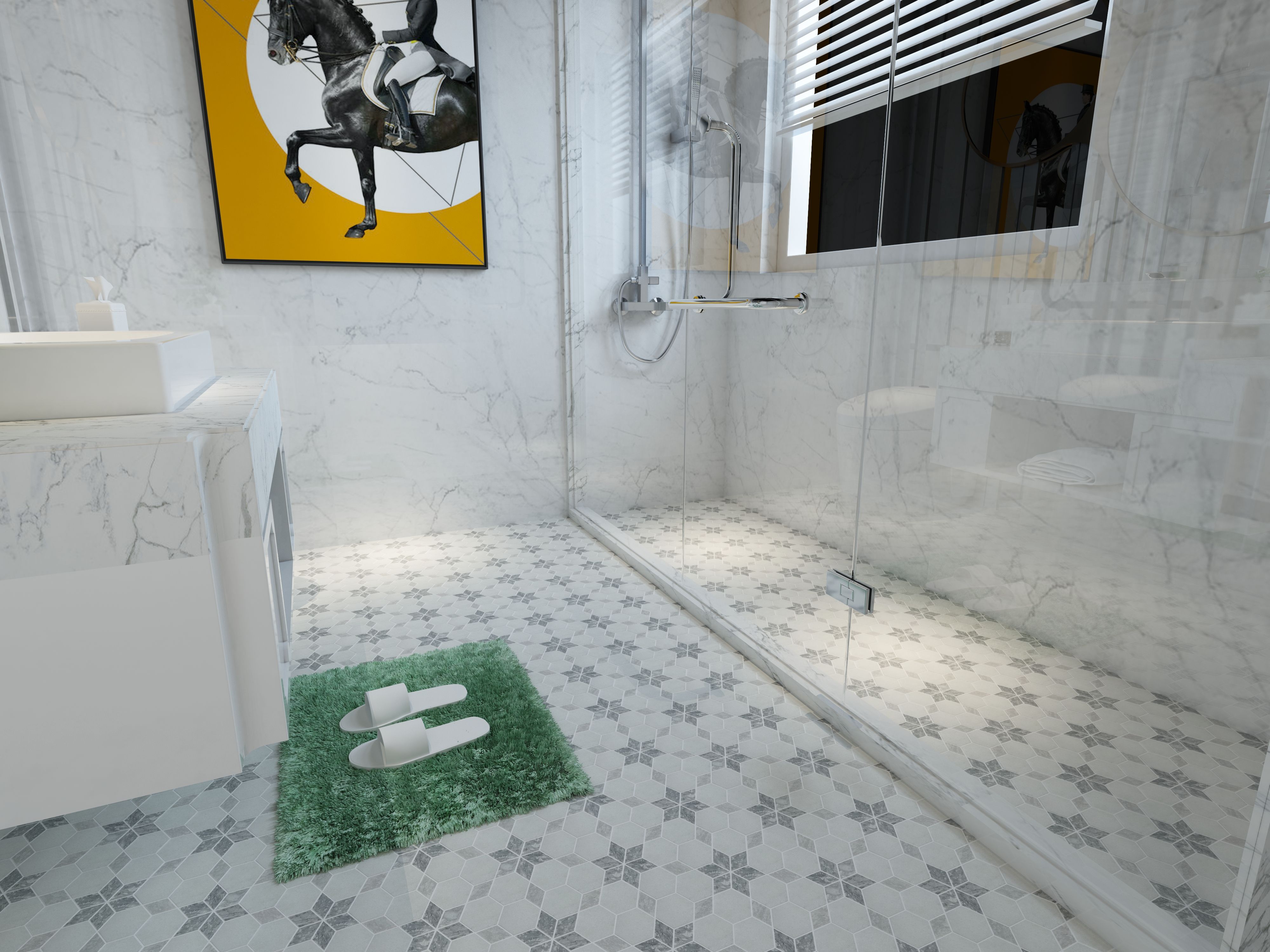 Honed Carrara white and platinum grey marble starline mosaic tile with grey six-point stars thumbnail 3